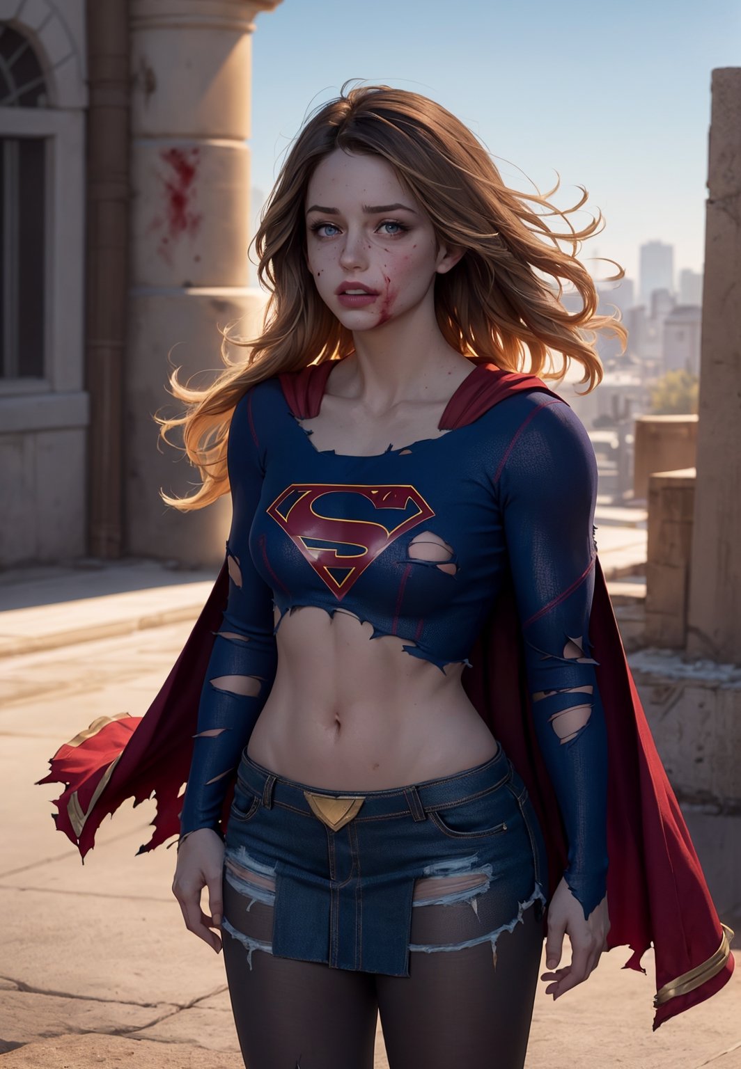 8k, best quality, real picture, intricate details, ultra-detailed, ultra highres, depth field,(photorealistic,realistic:1.2),masterpiece,photo of  european girl, supergirl, (bruise, dirty, torn clothes, revealing clothes, blood:1.3), blue eyes, blonde hair, long hair, ripped cape, ripped pantyhose, superhero, solo, sun, blue sky,best quality, realistic, photorealistic, (intricate details:1.2), (delicate detailed), (cinematic light), clear line, sharp focus, realistic face, detailed face,unity 8k wallpaper, ultra high res, (photorealistic:1.4), looking at viewer  lora:Supergirl:1