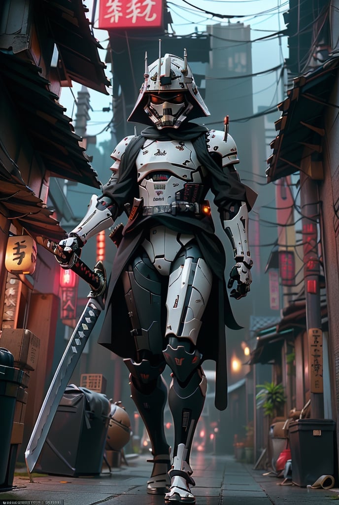 (8k uhd, masterpiece, best quality, high quality, absurdres, ultra-detailed, detailed mountain forest background), (full body:1.4), (a Japanese Darth Vader samurai with great sword, walking across a bunch of Japanese stormtroopers samurai), (beautiful, aesthetic, perfect, delicate, intricate:1.2), (Darth Vader color scheme: black, black print robe), (size and shape of great sword: Daishō, massive and double-edged), (type of armor: samurai style helmet, black eyes, bone and leather), (environment: ancient Japan street, outside, cyberpunk, Cyberpunk), perspective: slightly low angle to emphasize the warrior's power, lighting: dramatic, with a spotlight illuminating the warrior's face and sword, stormtroopers, (depth of field: shallow, with the warrior in sharp focus and the fiery background slightly blurred)