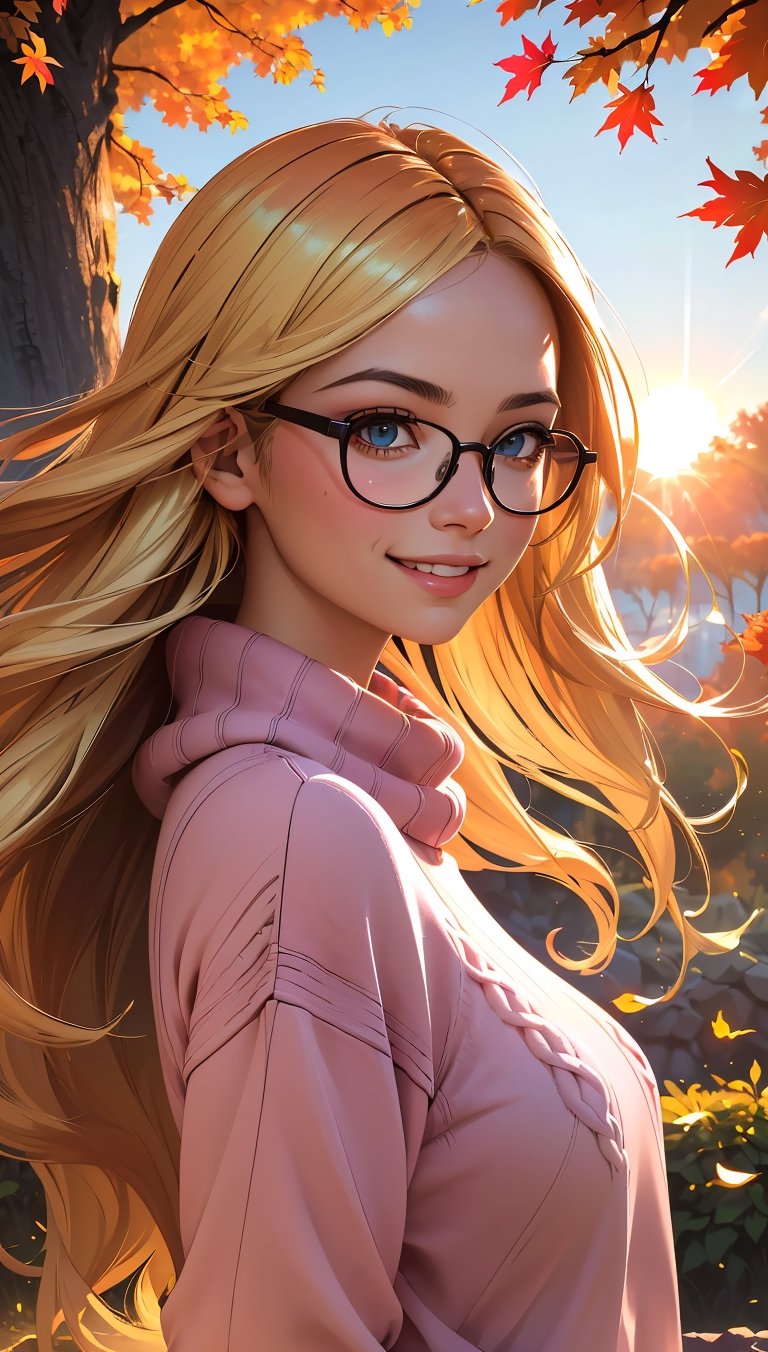 (best quality, masterpiece, perfect face, beautiful and aesthetic:1.2, colorful, dynamic angle, highest detailed face), 1girl, long straight blonde hair, big glasses, black rimmed glasses, happy smile, (wearing a pink oversized_sweater:1.2), pleated skirt, sunset, fall colors, beautiful trees, nature, flowers, windy, hair flowing in the wind, sun shinning through hair, high contrast, (official art, extreme detailed, highest detailed, natural skin texture, hyperrealism, soft light, sharp, perfect face)
