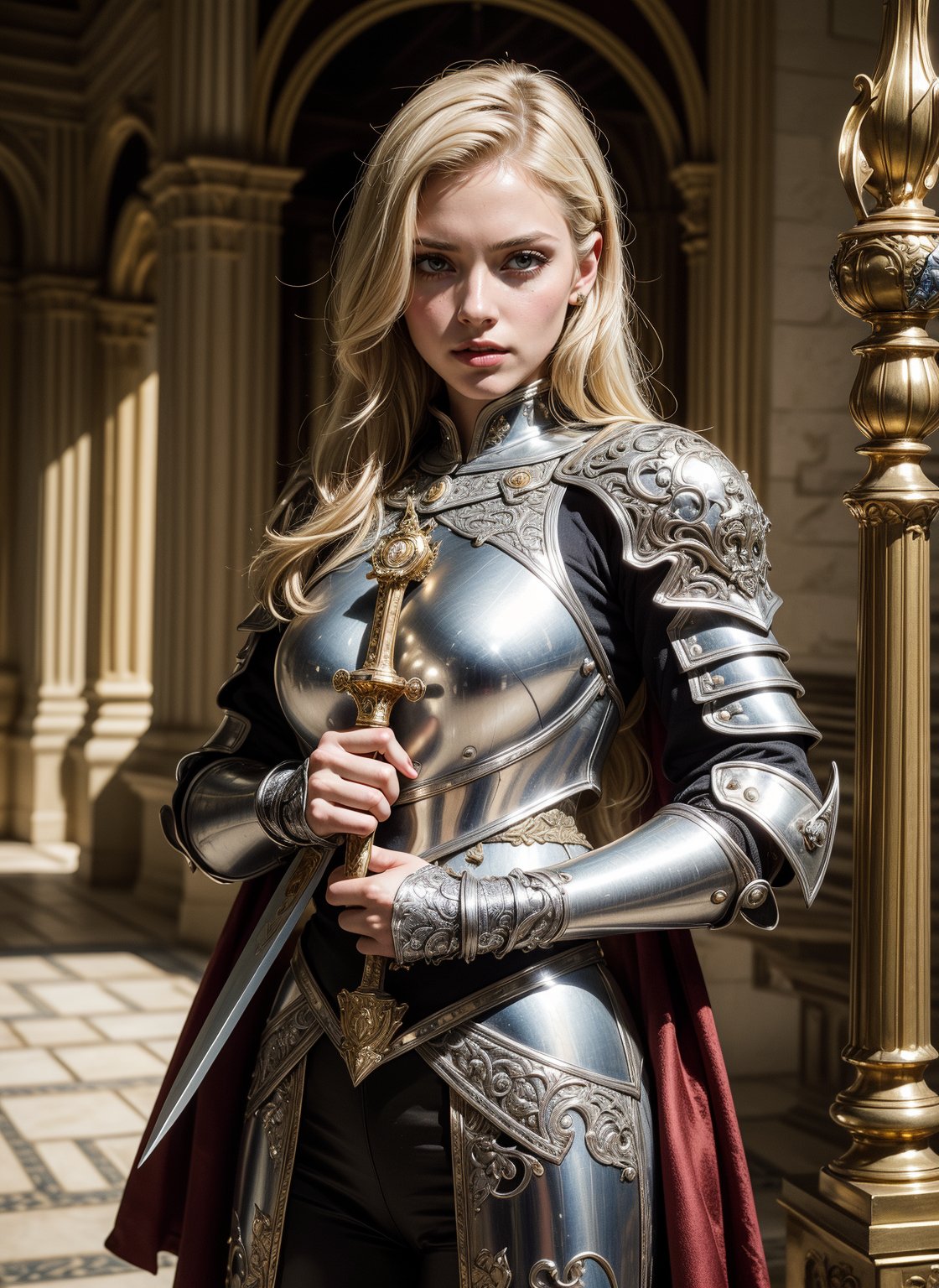 realistic, ((1 young and beautiful girl:1.2)), absurdres, (8k, best quality, masterpiece:1.2), professional photograph, dramatic light, (finely detailed face:1.2), female knight wearing a full suit of filigree silver armor, holding a shield (family crest, intricate design) in one hand, holding sword of gold in other hand, full body shot, castle interior background, light blonde hair, 