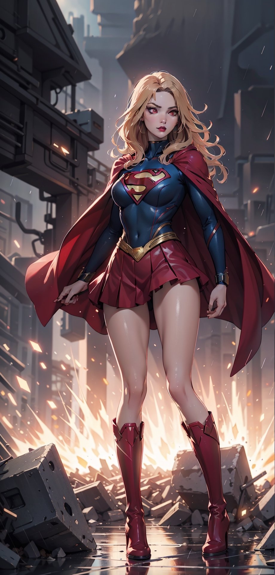 One super female,in superman outfit, mini skirts, red high boots, red_eyes, glowing eyes:1.4, blonde hair:1.3, extreme long hair, straight_hair, run down hair, supergirl suit, serious look, masterpiece, best quality, ultra detailed, (detailed background), perfect shading, high contrast, best illumination, extremely detailed, ray tracing, realistic lighting effects, neon noir illustration, perfect generated hands, ((full-body_portrait)), (black lipstick), black eyeliner, black eye shadow:1.3, pale skin:1.4, black fingernails, black cape, fur cape & long. Background fire-around, rocks, ruins, rain-fire, lightning in the distance.,wearing supergirl_cosplay_outfit