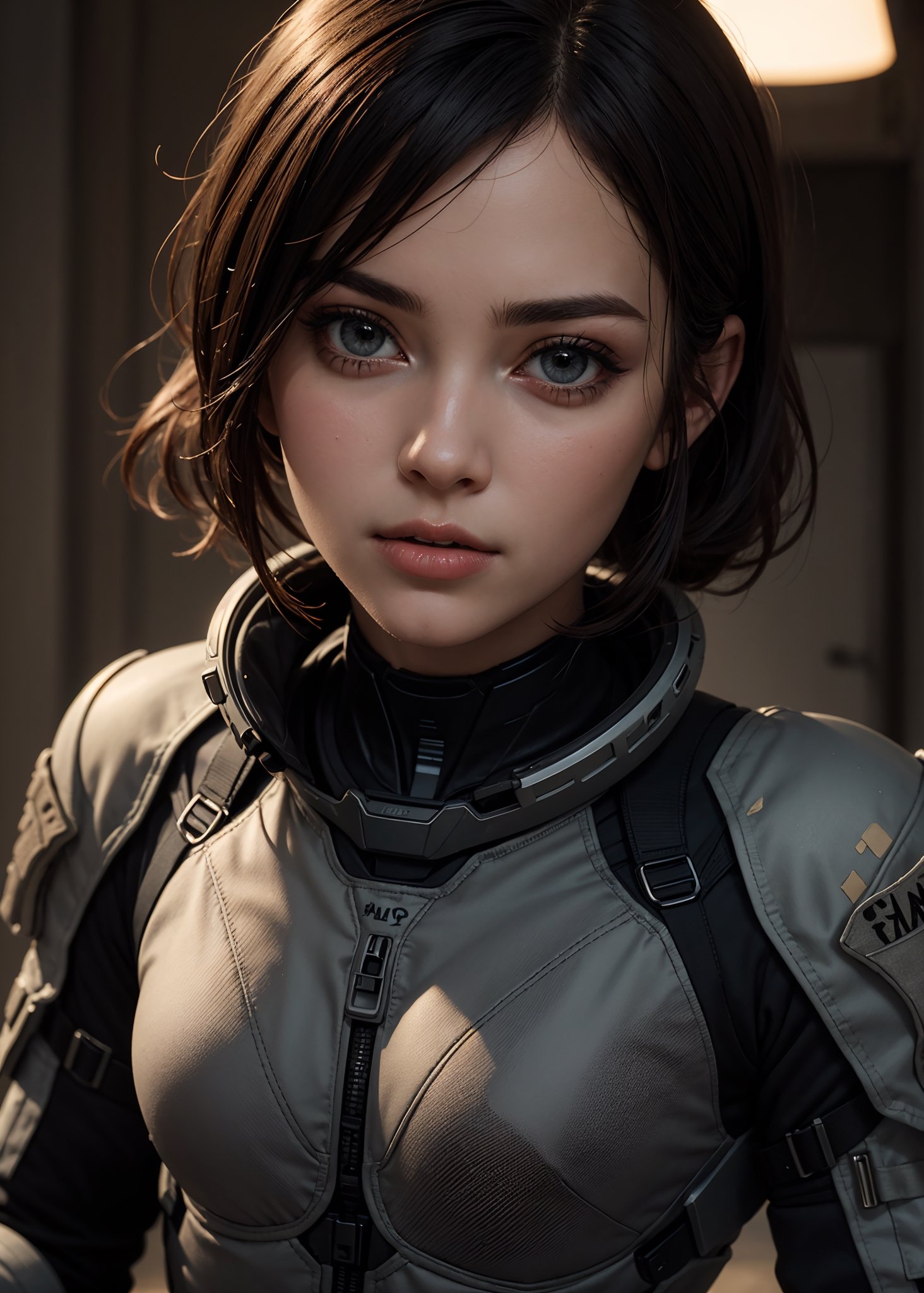 1girl, beautiful face, surrealism eyes, army tactical suit, black hair, small breast, oil, cinematic, cinematic lighting, (best quality:1.3), (masterpiece:1.3)
