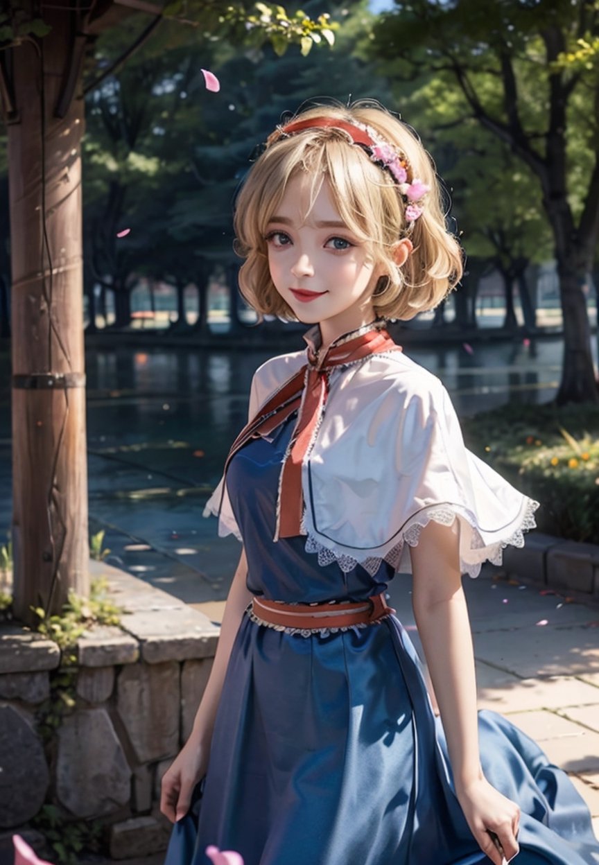 masterpiece, best quality, lora:alice:1,doll,blonde hair, hairband, (shanghai doll:1),alice margatroid, blue eyes, capelet, 1girl, petals, smile, dress, solo, sash, bow, hair bow, short hair, long hair, blue dress,park background, 