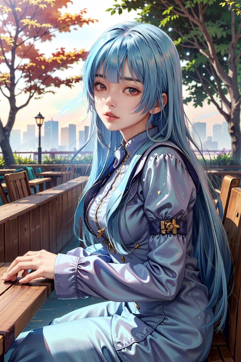 (masterpiece, best quality:1.3)   KOFKula, 1girl, solo, blue hair, bangs, cafe terrace, morning, peaceful and serene with soft morning sunlight