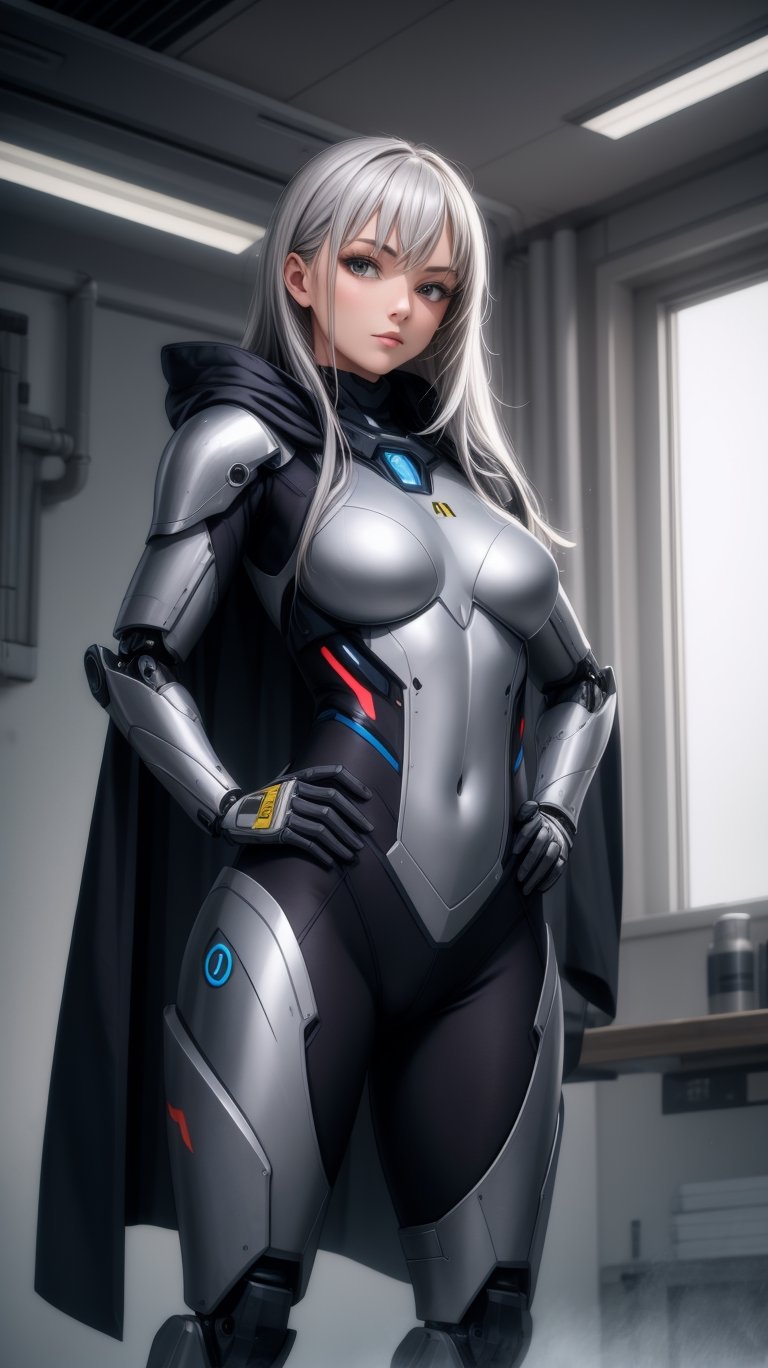 (masterpiece, best quality), 1girl, BREAK android, (grey cybersuit), (black upper armor), mechanical arms, machinery, prosthesis, solo, silver hair, long hair, cloak, BREAK looking at viewer, hand on hip,
