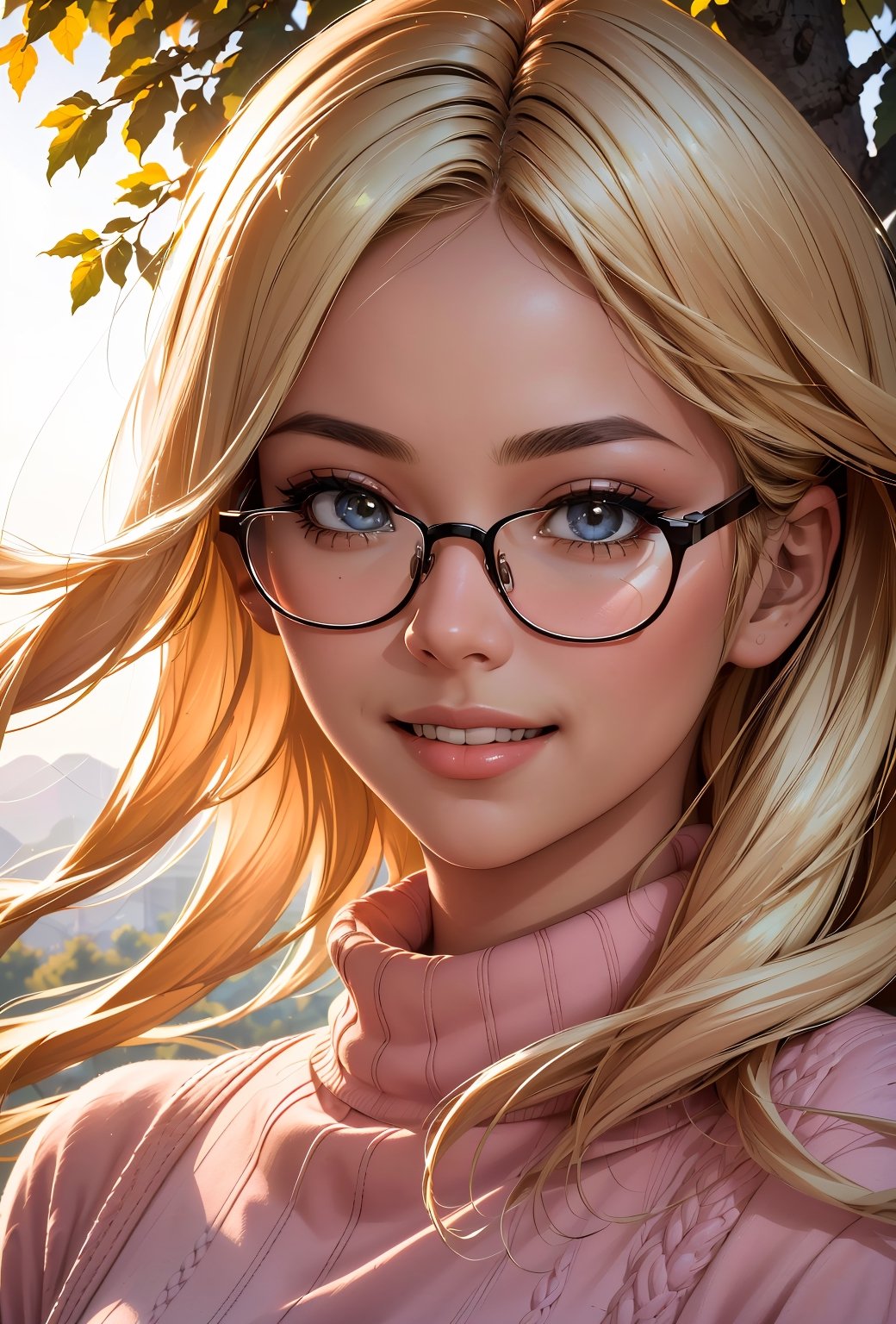 (best quality, masterpiece, perfect face, beautiful and aesthetic:1.2, colorful, dynamic angle, highest detailed face), 1girl, long straight blonde hair, big glasses, black rimmed glasses, happy smile, (wearing a pink oversized_sweater:1.2), pleated skirt, sunset, fall colors, beautiful trees, nature, flowers, windy, hair flowing in the wind, sun shinning through hair, high contrast, (official art, extreme detailed, highest detailed, natural skin texture, hyperrealism, soft light, sharp, perfect face)
