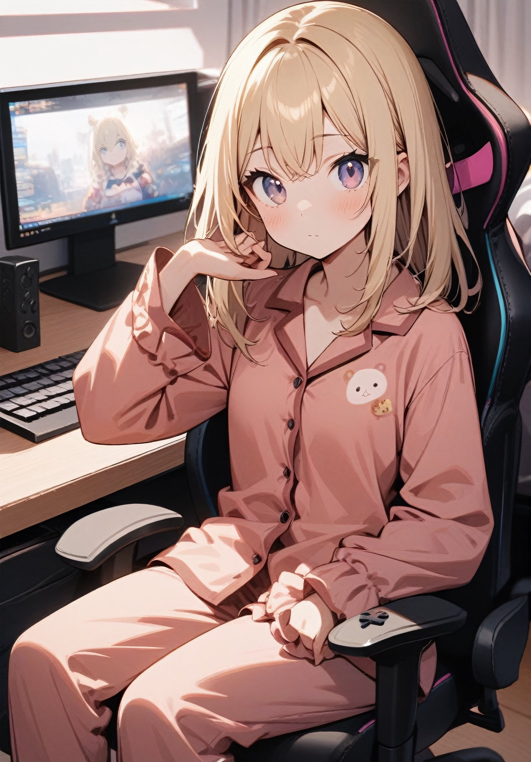 1girl, sitting on gaming chair, in front gaming desktop, in bedroom, looking at viewer, cute, pajamas, naive, indoor, best quality, blonde hair, 