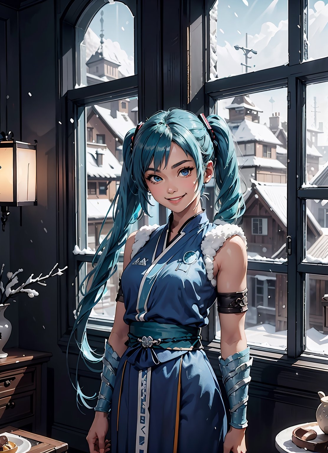 zbzr, hatsune miku, blue twintail hair, blue robes, armor, sash, looking at viewer, smiling, happy, upper body shot, 
standing, inside a cozy living room, playful ambiance, window, snow, winter, extreme detail, masterpiece,  
