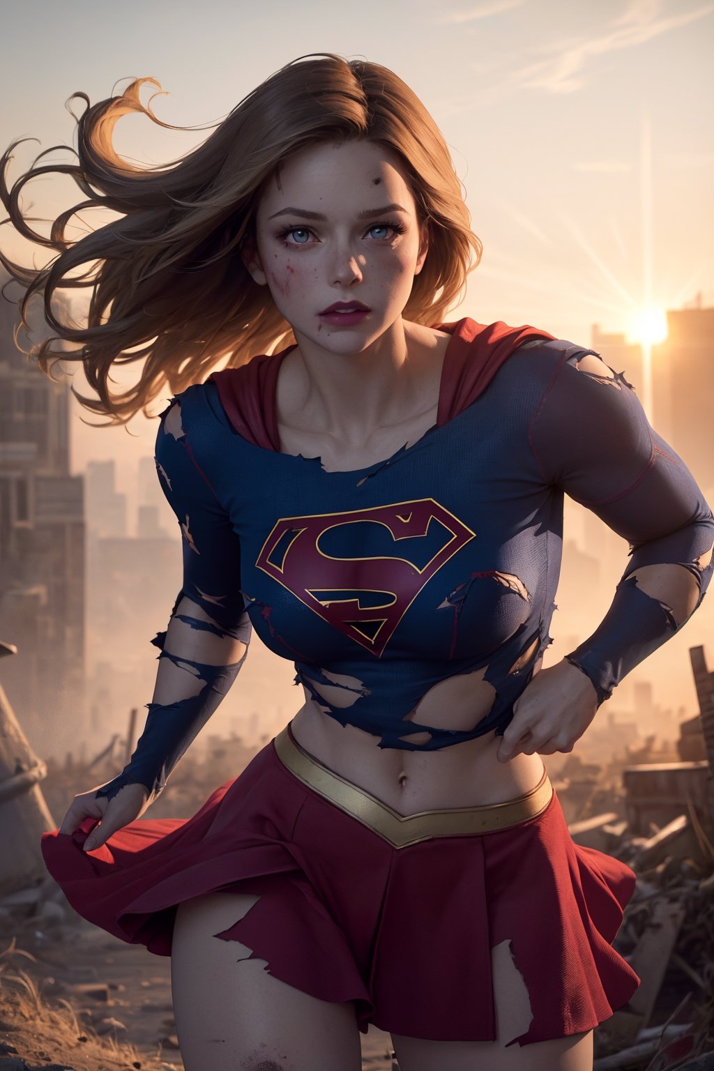 8k, best quality, real picture, intricate details, ultra-detailed, ultra highres, depth field,(photorealistic,realistic:1.2),masterpiece,photo of  european girl, supergirl, (bruise, dirty, torn clothes, revealing clothes, blood:1.3), blue eyes, blonde hair, long hair, ripped cape, ripped pantyhose, superhero, solo, sun, blue sky,best quality, realistic, photorealistic, (intricate details:1.2), (delicate detailed), (cinematic light), clear line, sharp focus, realistic face, detailed face,unity 8k wallpaper, ultra high res, (photorealistic:1.4), looking at viewer  lora:Supergirl:1