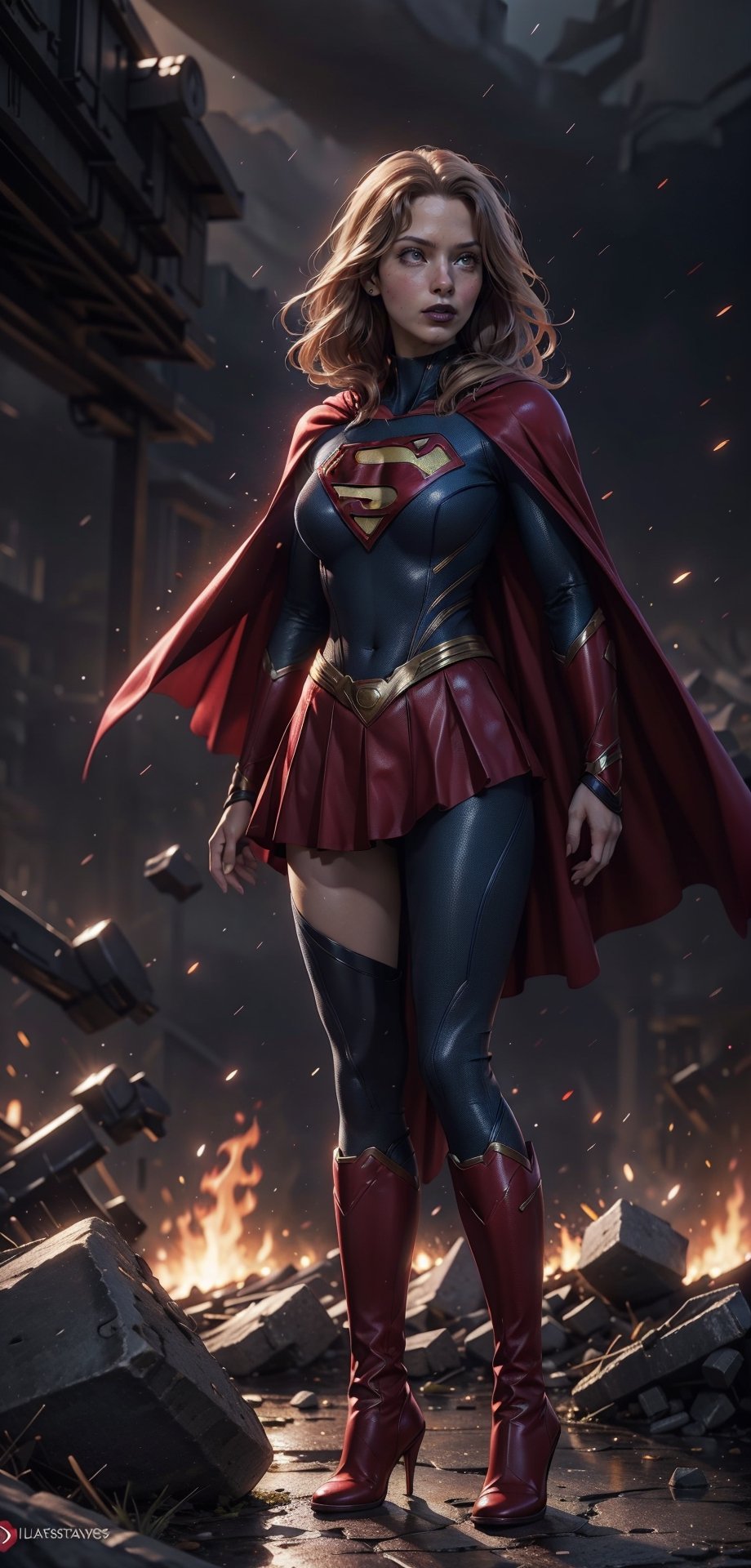 One super female,in superman outfit, mini skirts, red high boots, red_eyes, glowing eyes:1.4, blonde hair:1.3, extreme long hair, straight_hair, run down hair, supergirl suit, serious look, masterpiece, best quality, ultra detailed, (detailed background), perfect shading, high contrast, best illumination, extremely detailed, ray tracing, realistic lighting effects, neon noir illustration, perfect generated hands, ((full-body_portrait)), (black lipstick), black eyeliner, black eye shadow:1.3, pale skin:1.4, black fingernails, black cape, fur cape & long. Background fire-around, rocks, ruins, rain-fire, lightning in the distance.,wearing supergirl_cosplay_outfit