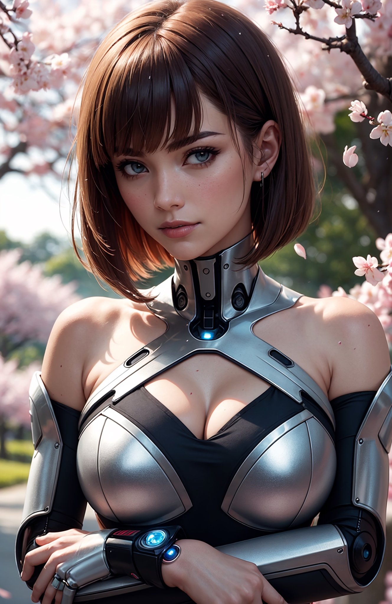 (masterpiece, best quality, hires, high resolution:1.2), extremely detailed, realistic, highres, (cinematic lighting, perfect lighting, volumetric), 1girl, solo, smirk, blush, looking at viewer, (auburn bob haircut), bare shoulders, (Futuristic android dress with robotic appendages and silver accents, see-through:1.2), small breasts, cleavage, Arms crossed over the chest, looking serious, outdoors, park, cherry blossoms, falling petals,
