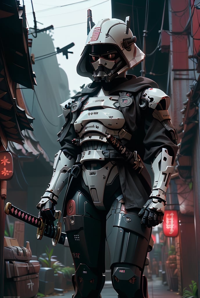 (8k uhd, masterpiece, best quality, high quality, absurdres, ultra-detailed, detailed mountain forest background), (full body:1.4), (a Japanese Darth Vader samurai with great sword, walking across a bunch of Japanese stormtroopers samurai), (beautiful, aesthetic, perfect, delicate, intricate:1.2), (Darth Vader color scheme: black, black print robe), (size and shape of great sword: Daishō, massive and double-edged), (type of armor: samurai style helmet, black eyes, bone and leather), (environment: ancient Japan street, outside, cyberpunk, Cyberpunk), perspective: slightly low angle to emphasize the warrior's power, lighting: dramatic, with a spotlight illuminating the warrior's face and sword, stormtroopers, (depth of field: shallow, with the warrior in sharp focus and the fiery background slightly blurred)