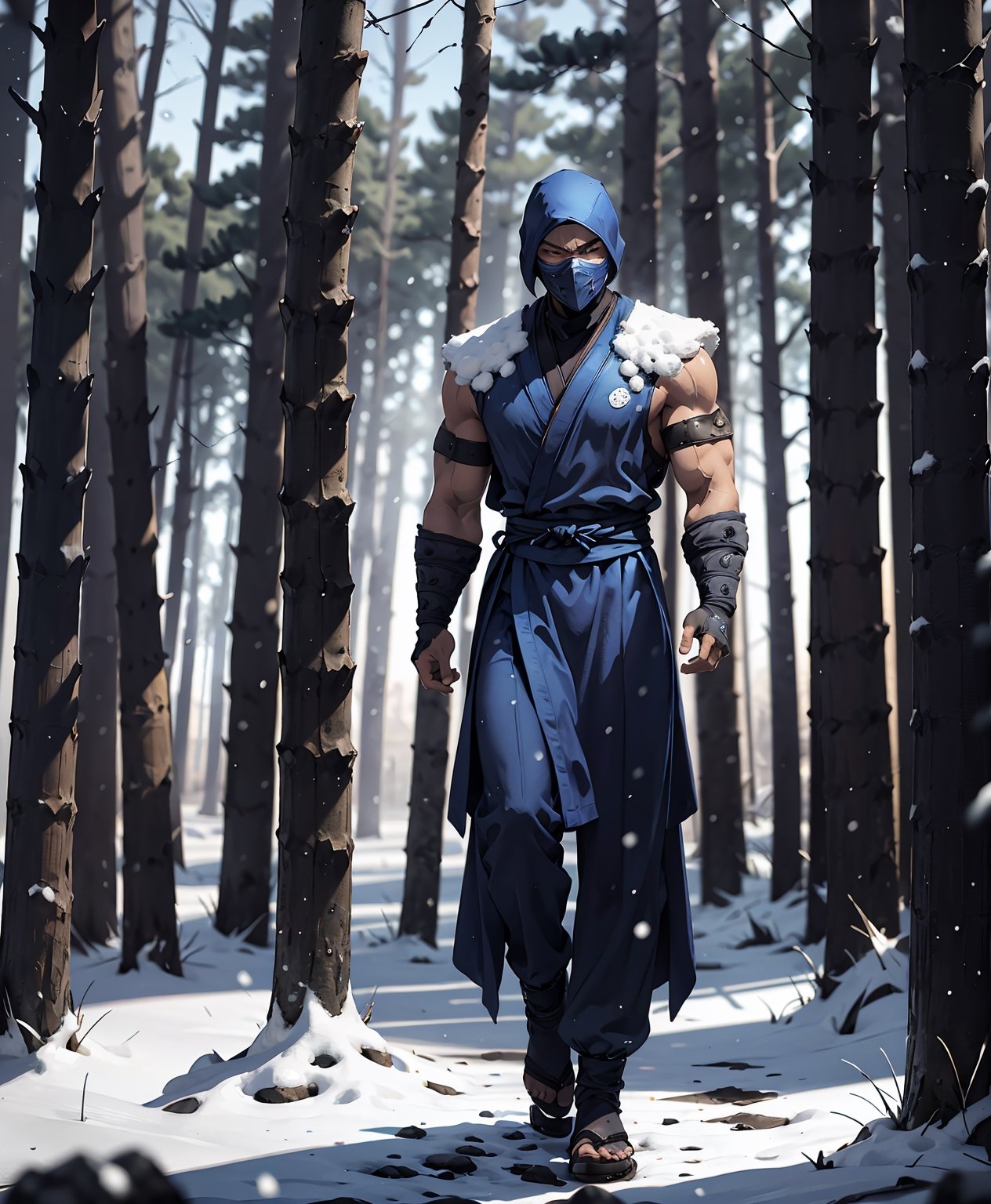 zbzr,man, ninja, blue robes, loin cloth, looking at viewer, full body shot, outside, snow, snowing, trees, night, extreme detail, masterpiece,  