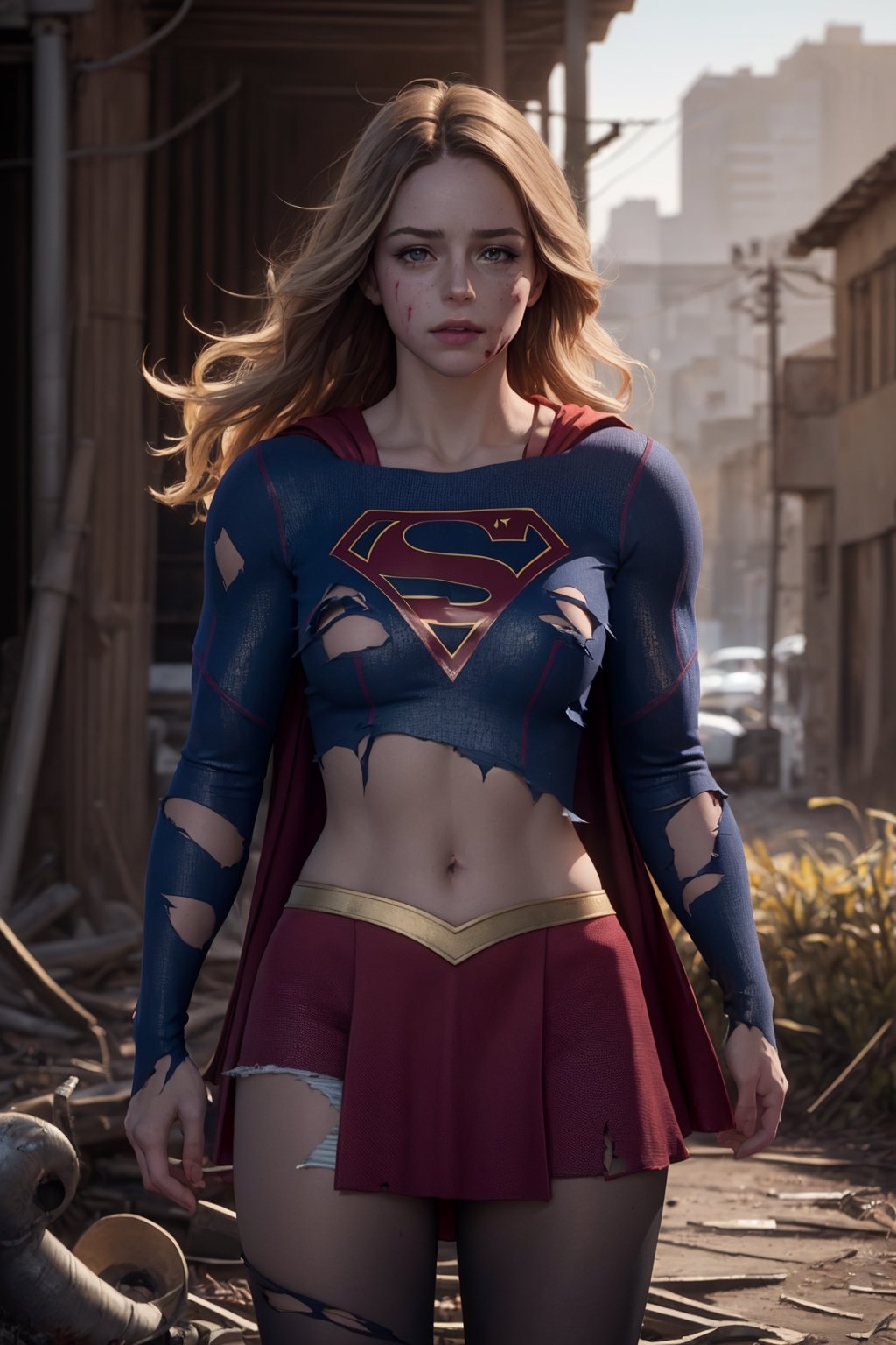 8k, best quality, real picture, intricate details, ultra-detailed, ultra highres, depth field,(photorealistic,realistic:1.2),masterpiece,photo of  european girl, supergirl, (bruise, dirty, torn clothes, revealing clothes, blood:1.3), blue eyes, blonde hair, long hair, ripped cape, ripped pantyhose, superhero, solo, sun, blue sky,best quality, realistic, photorealistic, (intricate details:1.2), (delicate detailed), (cinematic light), clear line, sharp focus, realistic face, detailed face,unity 8k wallpaper, ultra high res, (photorealistic:1.4), looking at viewer  lora:Supergirl:1