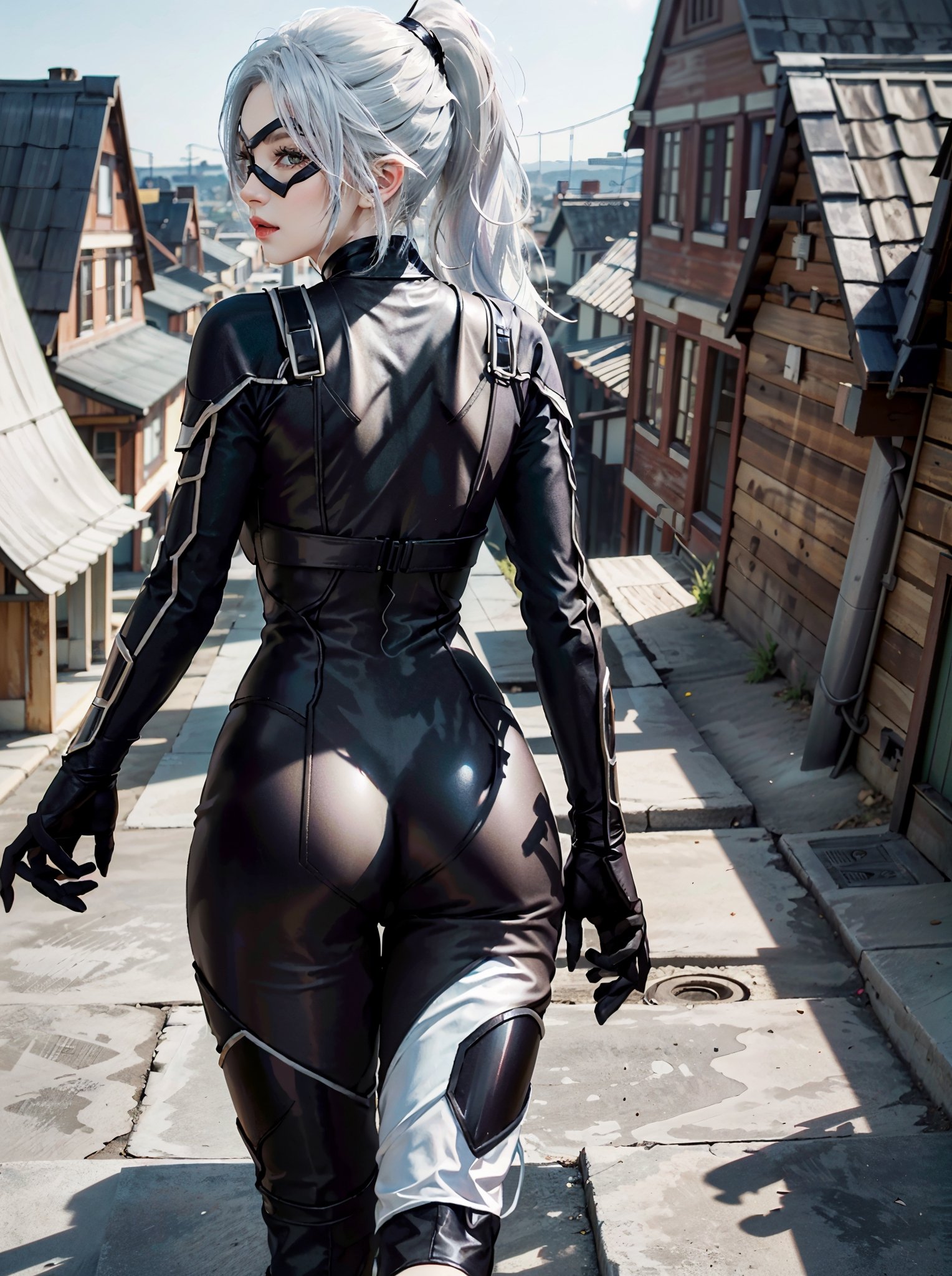 (masterpiece, best quality)      lora:MarvelBlackCat:0.8,MarvelBlackCat, 1girl, solo, long hair, white hair, mask, ponytail, seductive, from behind, looking back, on top of houses, ultra realistic, concept art, intricate details, highly detailed, photorealistic, oct