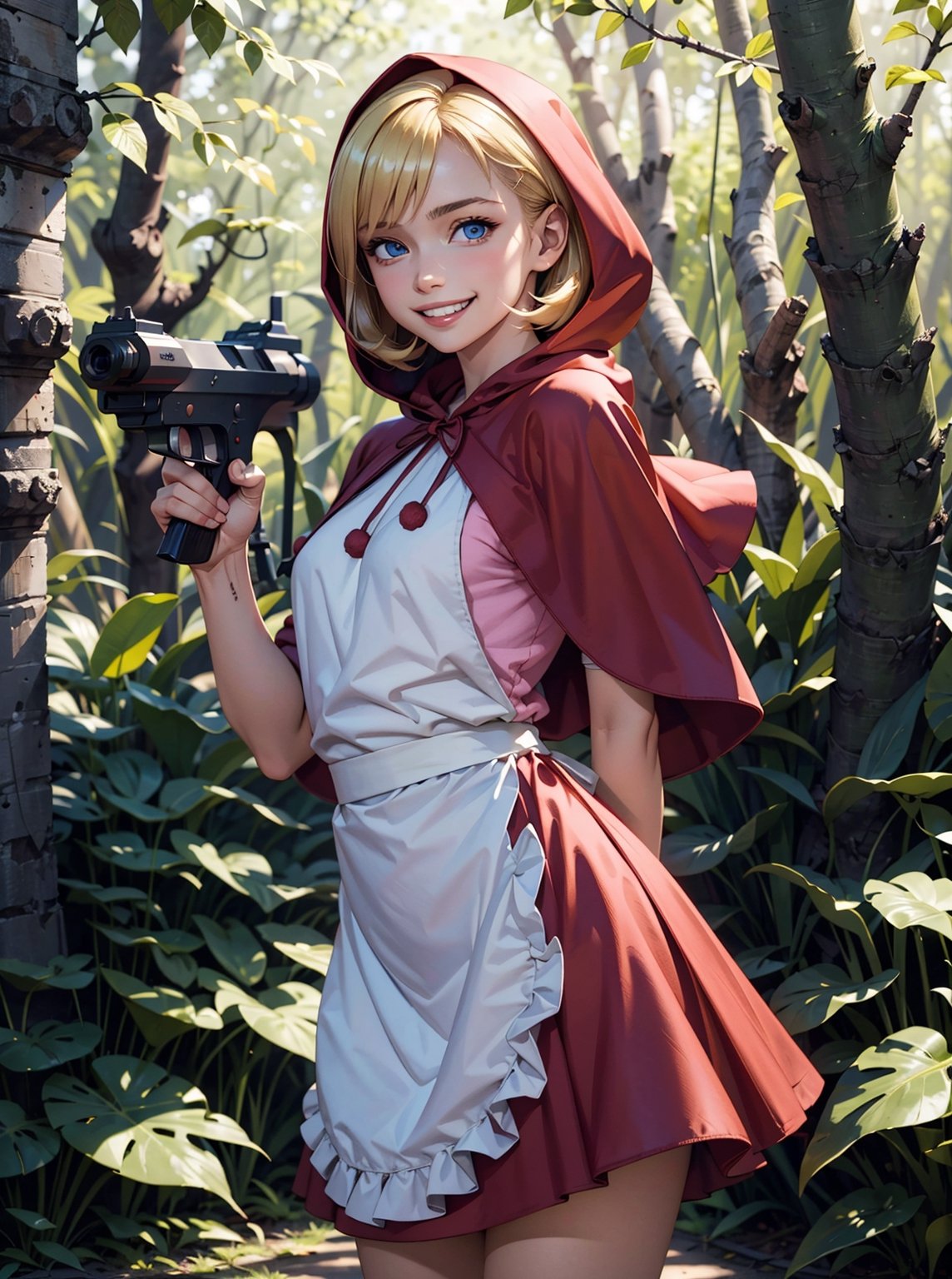 girl, blonde hair, blue eyes, hood, red dress, apron,capelet, looking at viewer, happy, evil grin, 
standing, holding a gun, aiming at viewer, outside, forest, autumn, natural lighting, extreme detail, masterpiece, lora:bbh:.8
