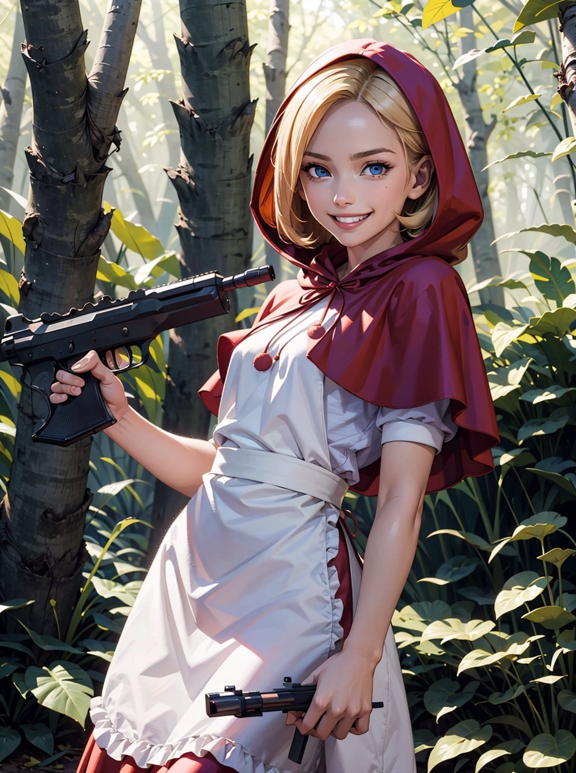 girl, blonde hair, blue eyes, hood, red dress, apron,capelet, looking at viewer, happy, evil grin, 
standing, holding a gun, aiming at viewer, outside, forest, autumn, natural lighting, extreme detail, masterpiece, lora:bbh:.8
