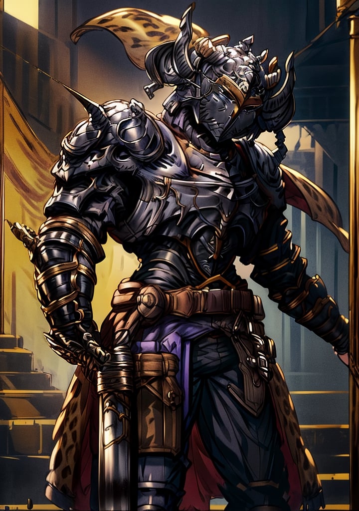 ((masterpiece)), (best quality), absurdres, lora:HApollonia:0.7, ARM1, (((helmet))), gauntlets, breastplate, plate armor, castle,  horned helmet,black knight \(granblue fantasy\), (((no eyes))), hand on hip, sword, holding sword, holding weapon, cape, leopard print, from side, fighting, fighting stance, in motion,