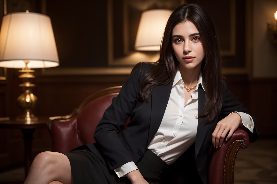 (1girl with beautiful face, mature, jewish, long straight hair, proportional body, full lips, natural skin, natural smile, moist, blush wearing ornate blazer and collared shirt and pencil skirt) sitting at comfort chair, crossing legs, at hotel lobby, portrait, photography, realistic, photo-realistic, 8k, highly detailed, full length frame, High detail RAW color art, piercing, diffused soft lighting, shallow depth of field, sharp focus, hyperrealism, cinematic lighting