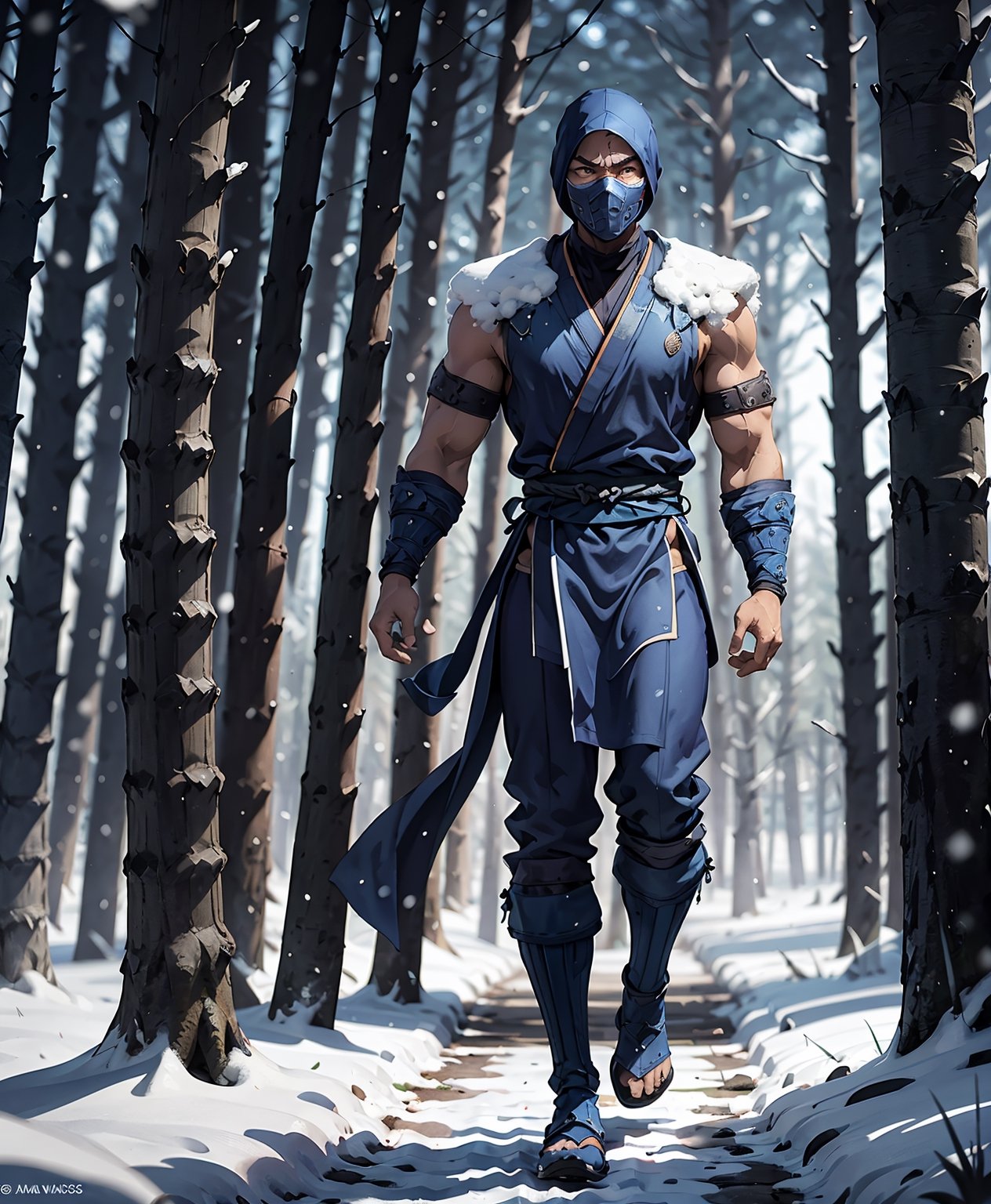 zbzr,man, ninja, blue robes, loin cloth, looking at viewer, full body shot, outside, snow, snowing, trees, night, extreme detail, masterpiece,  