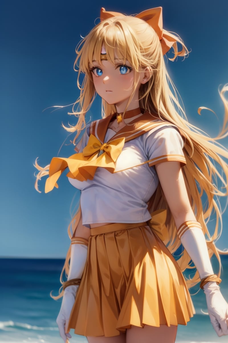 sailorvenus, lora:sailorvenus-lora-nochekaiser:1,sailor venus, blonde hair, blue eyes, bow, hair bow, half updo, long hair, red bow, tiara,BREAK back bow, choker, elbow gloves, gloves, jewelry, magical girl, orange choker, orange sailor collar, orange skirt, sailor collar, sailor senshi uniform, school uniform, serafuku, skirt, white gloves,BREAK outdoors, night, sky, star \(sky\), moon,BREAK looking at viewer, (cowboy shot:1.5),BREAK lyco:GoodHands-beta2:1, (masterpiece:1.2), best quality, high resolution, unity 8k wallpaper, (illustration:0.8), (beautiful detailed eyes:1.6), extremely detailed face, perfect lighting, extremely detailed CG, (perfect hands, perfect anatomy),