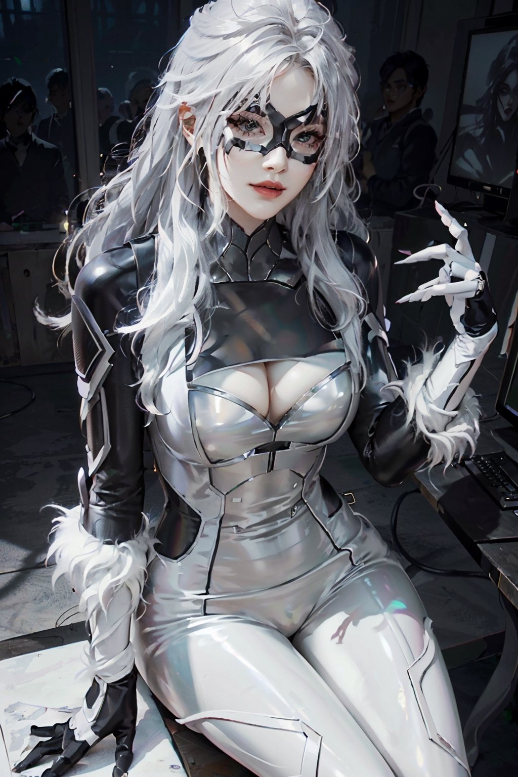 (masterpiece, best quality), lora:MarvelBlackCat:0.8, MarvelBlackCat, 2girl, duplicated, long hair, white hair, mask, seductive, sitting at a desk, gaming pc, white lighting, HD, illustration, epic, fantasy, intricate, elegant, amazing detail, digital painting, artstation