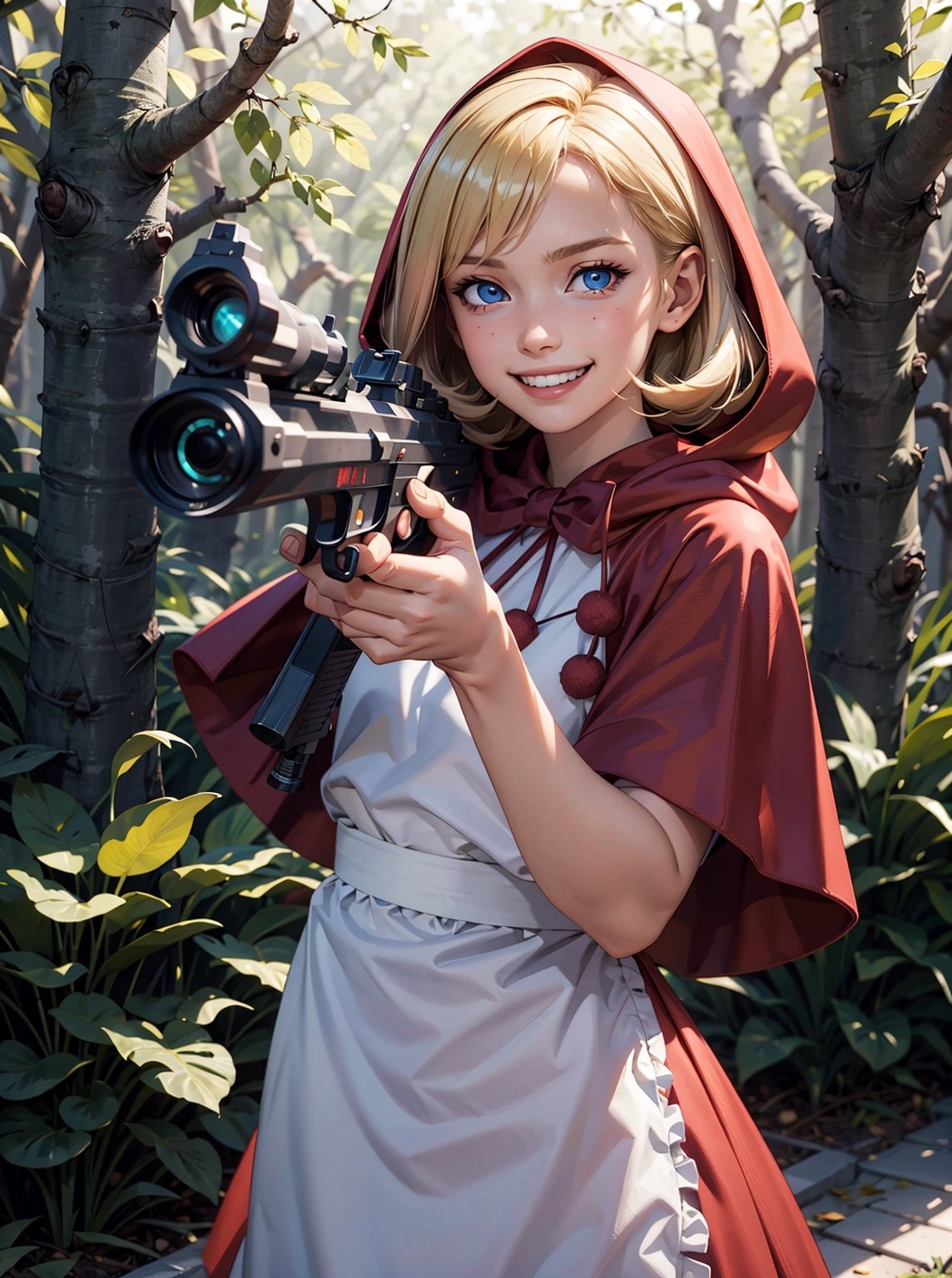 girl, blonde hair, blue eyes, hood, red dress, apron,capelet, looking at viewer, happy, evil grin, 
standing, holding a gun, aiming at viewer, outside, forest, autumn, natural lighting, extreme detail, masterpiece, lora:bbh:.8
