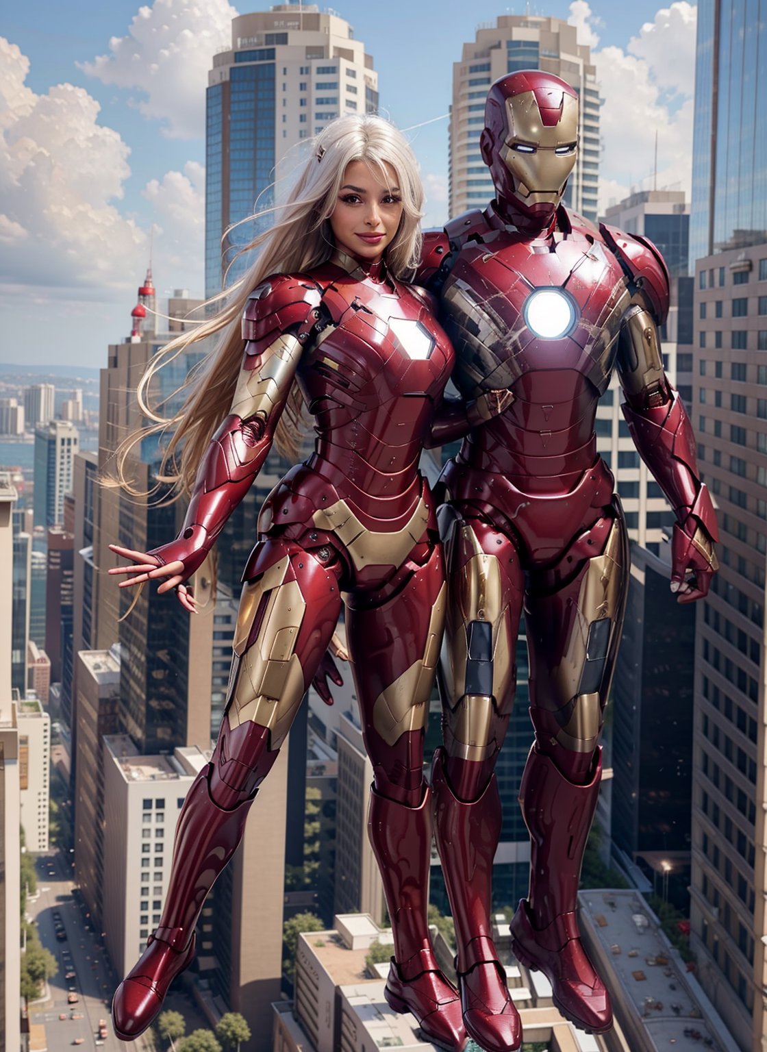 1 girl, long blonde and white hair, side,  full body, iron man suit,  pauldrons, ,iron man, open clothes, , abs, ,Eva Savagiou, ,evangelion, eva suit, floating in the sky, cityscape, day light, details, reflective, fighting , ,mecha, ,3va, , photo-realistic, solid smile, 