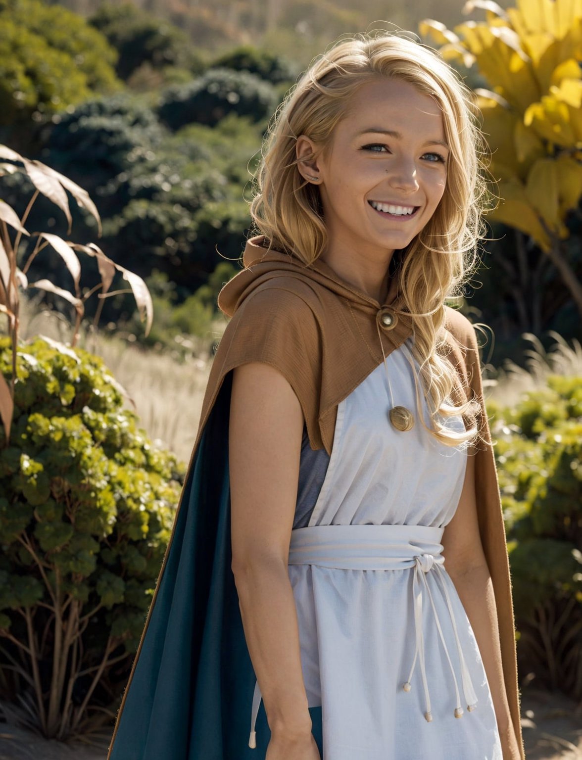 girl, blonde hair, blue eyes, hood, red dress, apron,capelet, looking at viewer, smiling, grin,medium shot, 
standing, outside, forest, autumn, dirt path, natural lighting, extreme detail, masterpiece,  lora:bbh:.8
