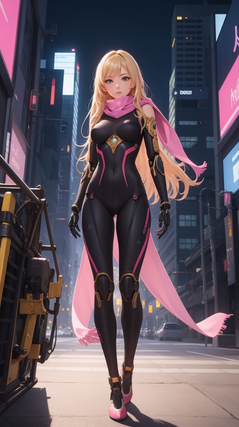 (masterpiece, best quality), intricate details, 1girl, bodysuit, full body , long hair, blonde hair, mechanical arms, medium breasts, pink scarf, science fiction, solo, standing, city background
