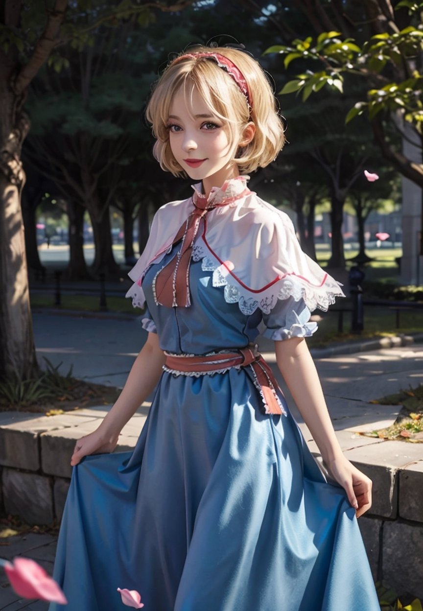 masterpiece, best quality, lora:alice:1,doll,blonde hair, hairband, (shanghai doll:1),alice margatroid, blue eyes, capelet, 1girl, petals, smile, dress, solo, sash, bow, hair bow, short hair, long hair, blue dress,park background, 