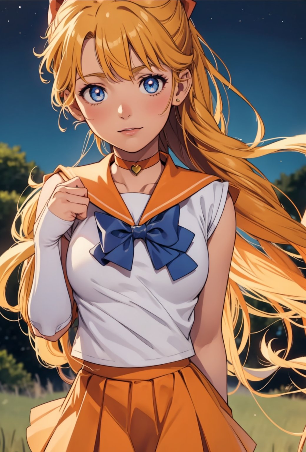 sailorvenus, lora:sailorvenus-lora-nochekaiser:1,sailor venus, blonde hair, blue eyes, bow, hair bow, half updo, long hair, red bow, tiara,BREAK back bow, choker, elbow gloves, gloves, jewelry, magical girl, orange choker, orange sailor collar, orange skirt, sailor collar, sailor senshi uniform, school uniform, serafuku, skirt, white gloves,BREAK outdoors, night, sky, star \(sky\), moon,BREAK looking at viewer, (cowboy shot:1.5),BREAK lyco:GoodHands-beta2:1, (masterpiece:1.2), best quality, high resolution, unity 8k wallpaper, (illustration:0.8), (beautiful detailed eyes:1.6), extremely detailed face, perfect lighting, extremely detailed CG, (perfect hands, perfect anatomy),