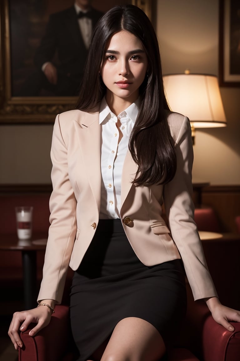 (1girl with beautiful face, mature, jewish, long straight hair, proportional body, full lips, natural skin, natural smile, moist, blush wearing ornate blazer and collared shirt and pencil skirt) sitting at comfort chair, crossing legs, at hotel lobby, portrait, photography, realistic, photo-realistic, 8k, highly detailed, full length frame, High detail RAW color art, piercing, diffused soft lighting, shallow depth of field, sharp focus, hyperrealism, cinematic lighting