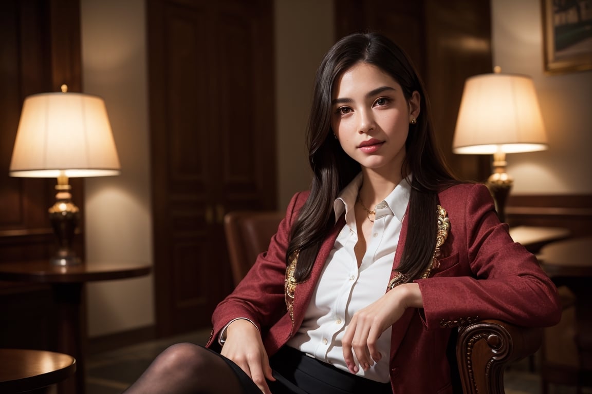 (1girl with beautiful face, mature, jewish, long straight hair, proportional body, full lips, natural skin, natural smile, moist, blush wearing ornate blazer and collared shirt and pencil skirt) sitting at comfort chair, crossing legs, at hotel lobby, portrait, photography, realistic, photo-realistic, 8k, highly detailed, full length frame, High detail RAW color art, piercing, diffused soft lighting, shallow depth of field, sharp focus, hyperrealism, cinematic lighting