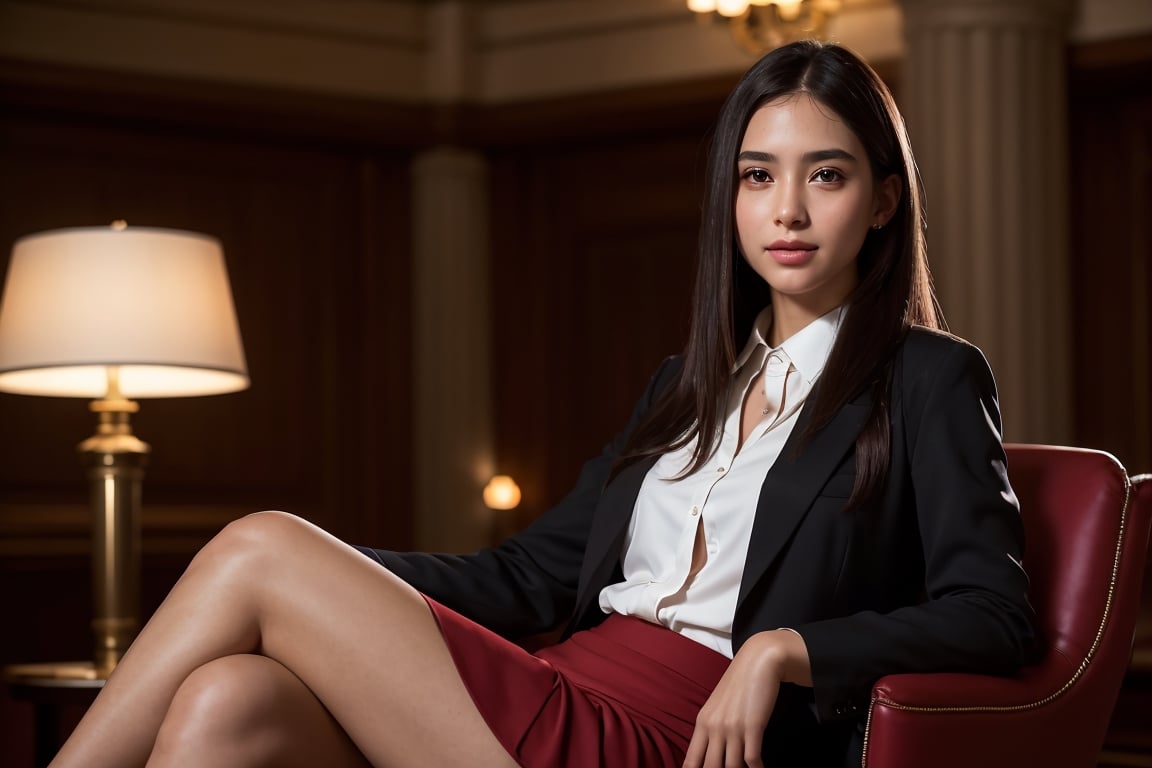 (1girl with beautiful face, mature, jewish, long straight hair, proportional body, full lips, natural skin, natural smile, moist, blush wearing ornate blazer and collared shirt and pencil skirt) sitting at comfort chair, crossing legs, at hotel lobby, portrait, photography, realistic, photo-realistic, 8k, highly detailed, full length frame, High detail RAW color art, piercing, diffused soft lighting, shallow depth of field, sharp focus, hyperrealism, cinematic lighting