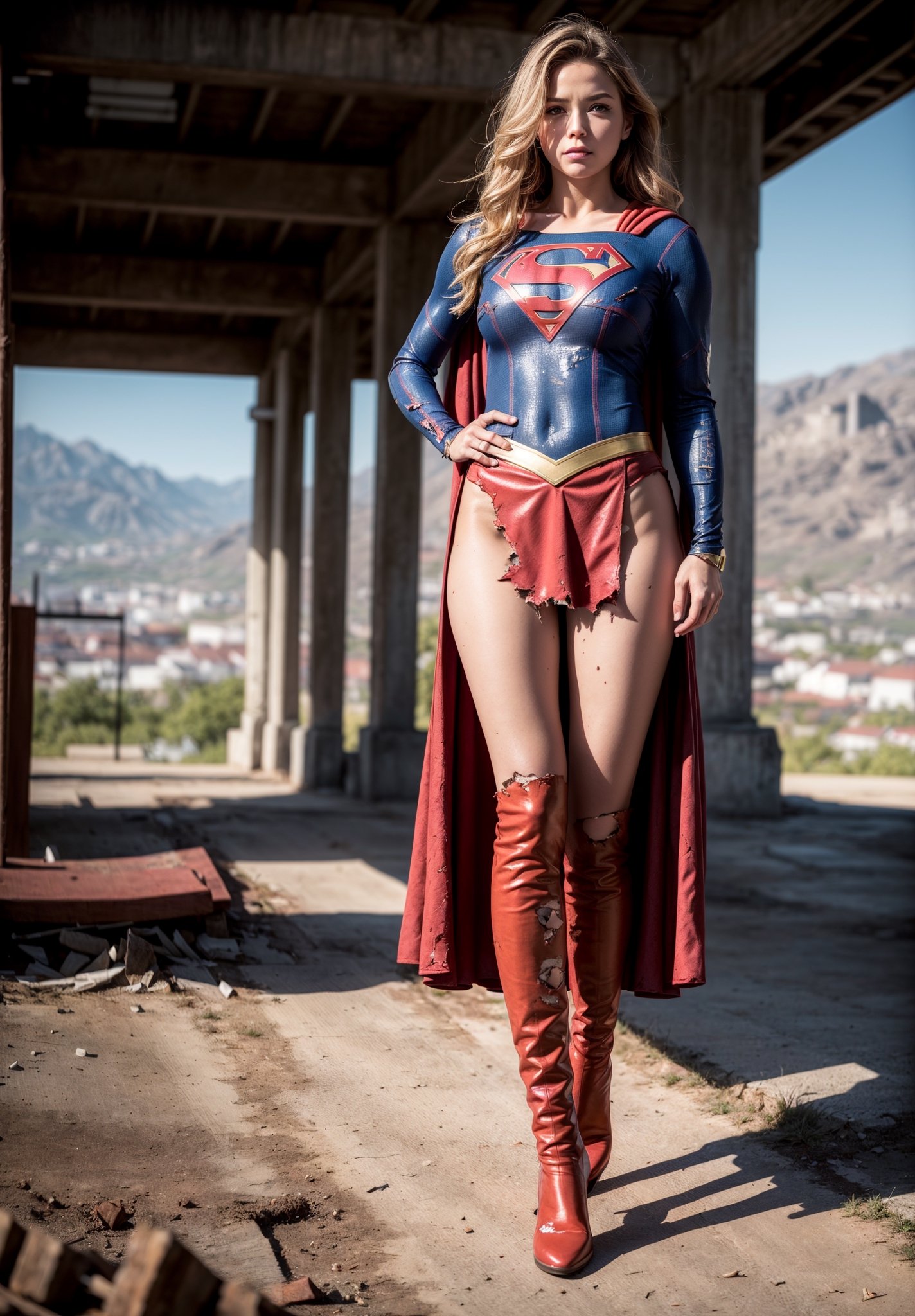 (full body:1.3),(long legs:1.3),red boots,8k,best quality,real picture,intricate details,ultra-detailed,ultra highres,depth field,(photorealistic,realistic:1.2),masterpiece,photo of european girl,supergirl,(Super girl suit:1.5),(huge breasts),cooler,sad,(bruise, dirty, torn clothes, revealing clothes:1.3),blue eyes,blonde hair,long hair,ripped cape,ripped pantyhose,superhero,solo,sun,blue sky,best quality,realistic,photorealistic,(intricate details:1.2),(delicate detailed),(cinematic light),clear line,sharp focus,realistic face,detailed face,unity 8k wallpaper,ultra high res,(photorealistic:1.4),looking at viewer,