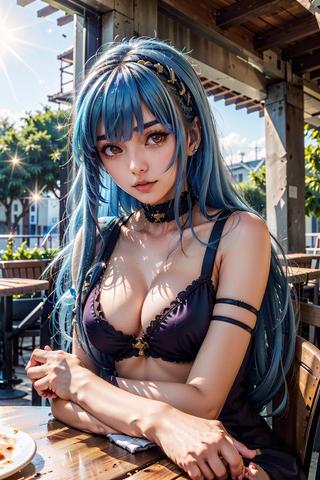 (masterpiece, best quality:1.3)   KOFKula, 1girl, solo, blue hair, bangs, cafe terrace, morning, peaceful and serene with soft morning sunlight