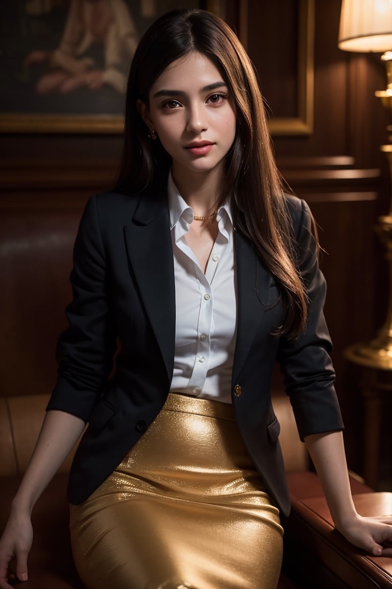 (1girl with beautiful face, mature, jewish, long straight hair, proportional body, full lips, natural skin, natural smile, moist, blush wearing ornate blazer and collared shirt and pencil skirt) sitting at comfort chair, crossing legs, at hotel lobby, portrait, photography, realistic, photo-realistic, 8k, highly detailed, full length frame, High detail RAW color art, piercing, diffused soft lighting, shallow depth of field, sharp focus, hyperrealism, cinematic lighting