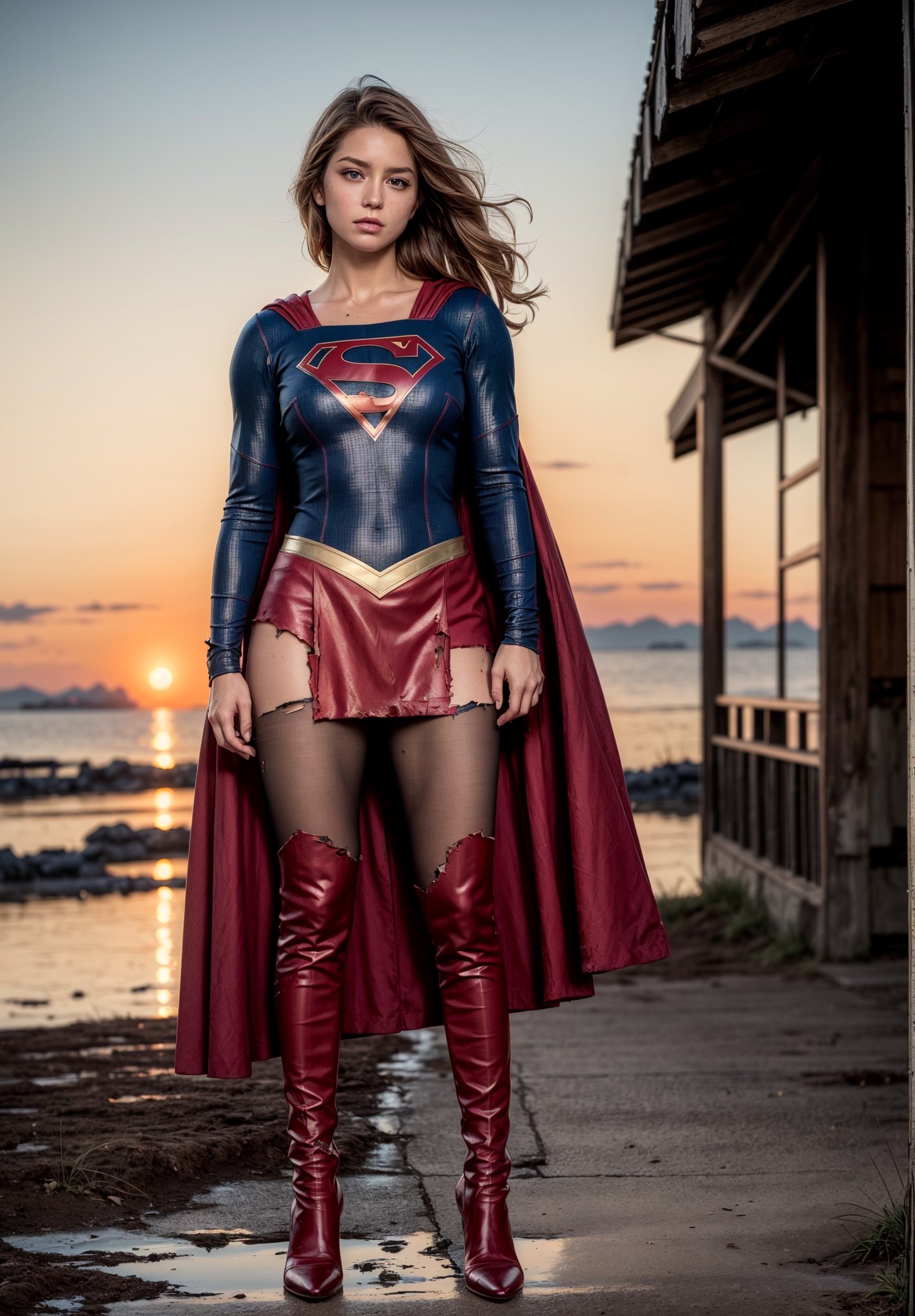 (full body:1.3),(long legs:1.3),red boots,8k,best quality,real picture,intricate details,ultra-detailed,ultra highres,depth field,(photorealistic,realistic:1.2),masterpiece,photo of european girl,supergirl,(Super girl suit:1.5),(huge breasts),cooler,sad,(bruise, dirty, torn clothes, revealing clothes:1.3),blue eyes,blonde hair,long hair,ripped cape,ripped pantyhose,superhero,solo,sun,blue sky,best quality,realistic,photorealistic,(intricate details:1.2),(delicate detailed),(cinematic light),clear line,sharp focus,realistic face,detailed face,unity 8k wallpaper,ultra high res,(photorealistic:1.4),looking at viewer,