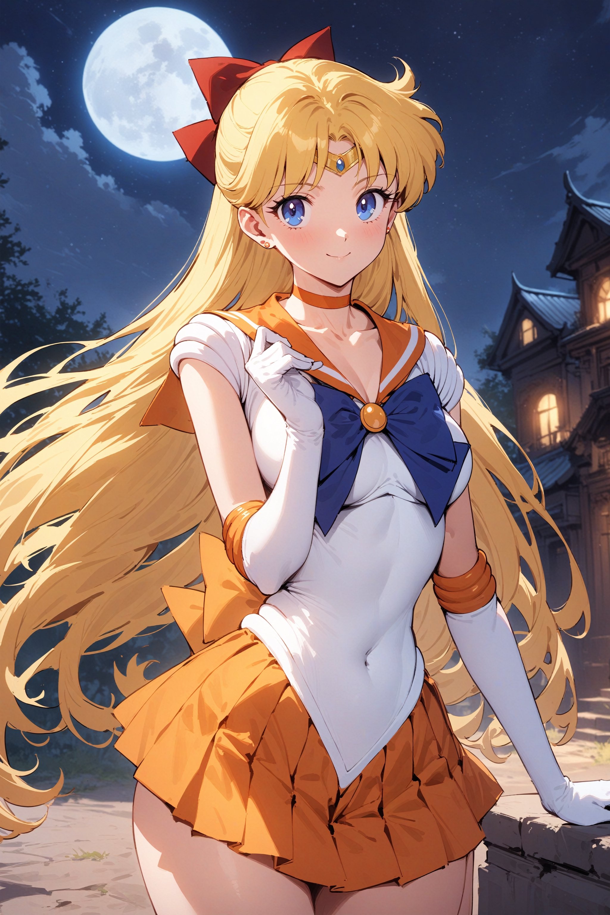 masterpiece, best quality, very aesthetic, absurdres, aavenus, long hair, blonde hair, hair bow, tiara, blue eyes, earrings, orange choker, collarbone, orange sailor collar, blue bowtie, white shirt, white leotard, elbow gloves, white gloves, pleated skirt, orange skirt,  , standing, cowboy shot, outdoors, smile, night, moon
