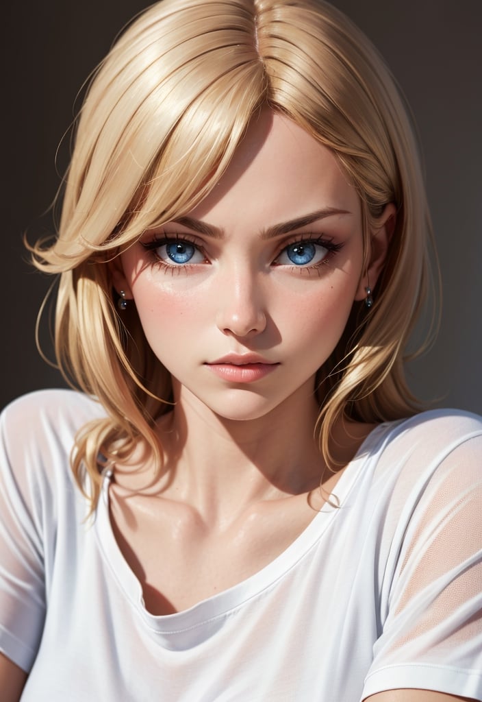 Highly detailed, High Quality, Masterpiece, beautiful, TomReadingTheNewspaper, , 1girl, Maria solo, blonde hair, beautiful eyes, furrowed brow, white t-shirt, diamond ring lora:Maria:1
