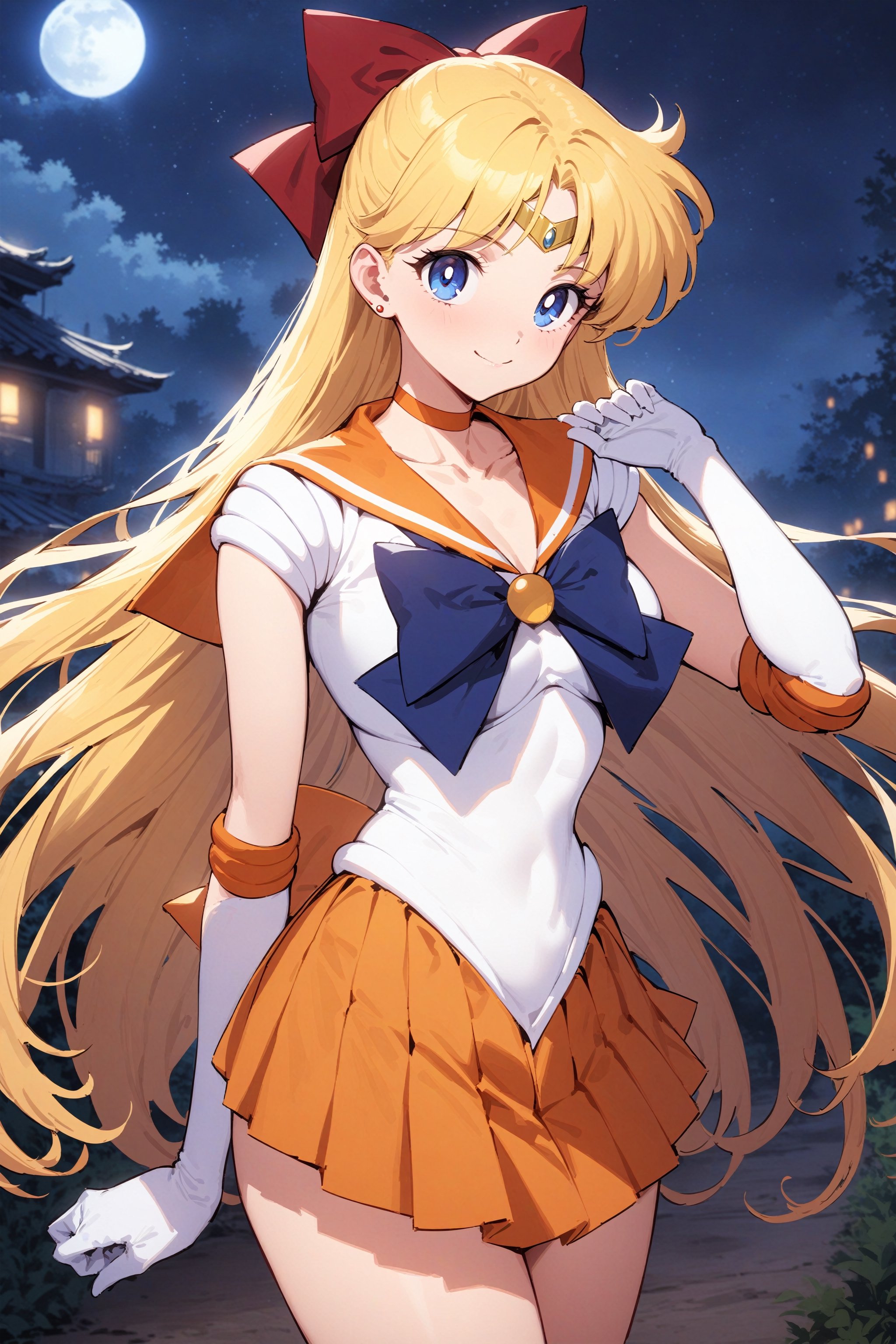 masterpiece, best quality, very aesthetic, absurdres, aavenus, long hair, blonde hair, hair bow, tiara, blue eyes, earrings, orange choker, collarbone, orange sailor collar, blue bowtie, white shirt, white leotard, elbow gloves, white gloves, pleated skirt, orange skirt,  , standing, cowboy shot, outdoors, smile, night, moon
