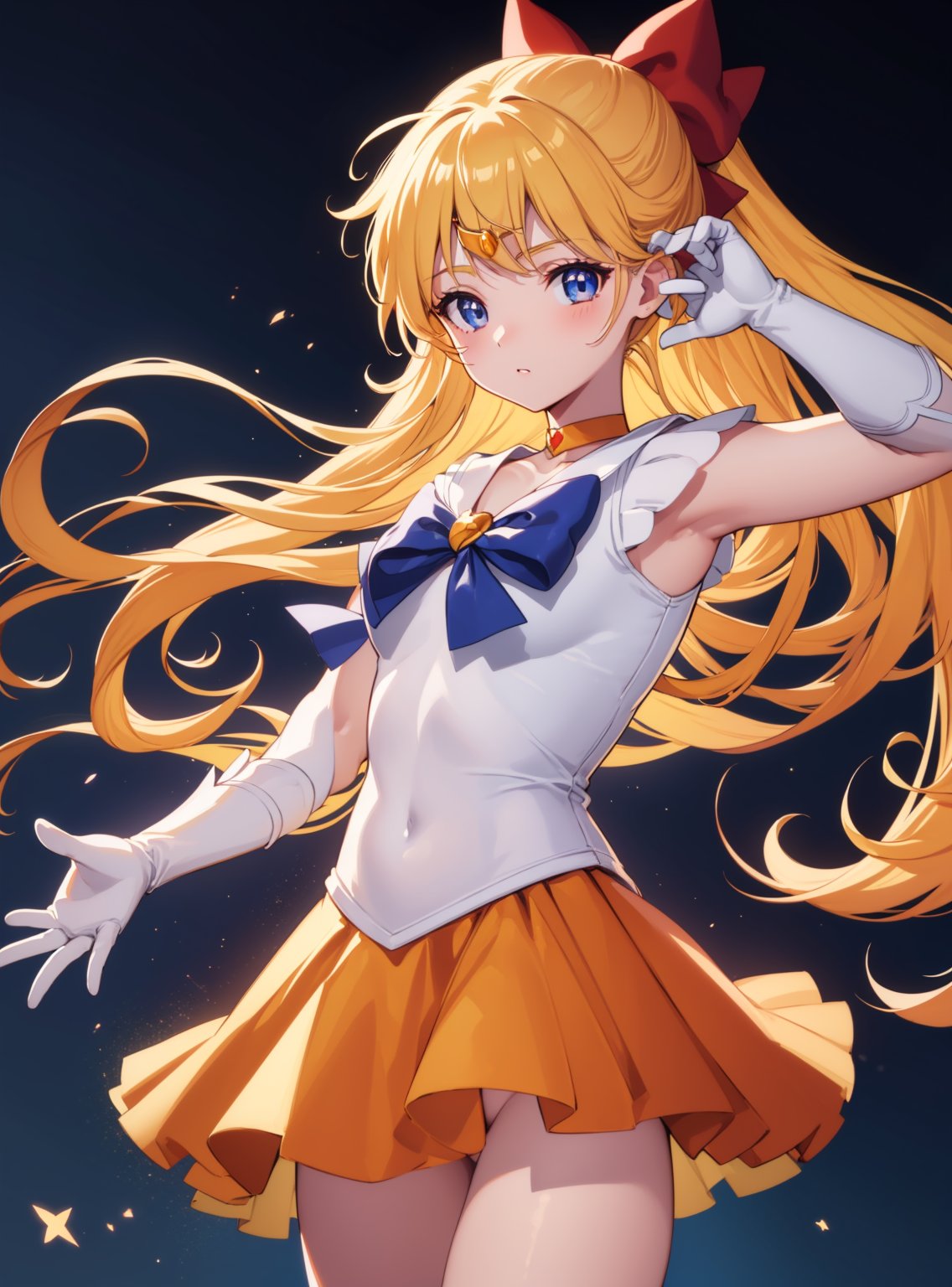 sailorvenus, lora:sailorvenus-lora-nochekaiser:1,sailor venus, blonde hair, blue eyes, bow, hair bow, half updo, long hair, red bow, tiara,BREAK back bow, choker, elbow gloves, gloves, jewelry, magical girl, orange choker, orange sailor collar, orange skirt, sailor collar, sailor senshi uniform, school uniform, serafuku, skirt, white gloves,BREAK outdoors, night, sky, star \(sky\), moon,BREAK looking at viewer, (cowboy shot:1.5),BREAK lyco:GoodHands-beta2:1, (masterpiece:1.2), best quality, high resolution, unity 8k wallpaper, (illustration:0.8), (beautiful detailed eyes:1.6), extremely detailed face, perfect lighting, extremely detailed CG, (perfect hands, perfect anatomy),