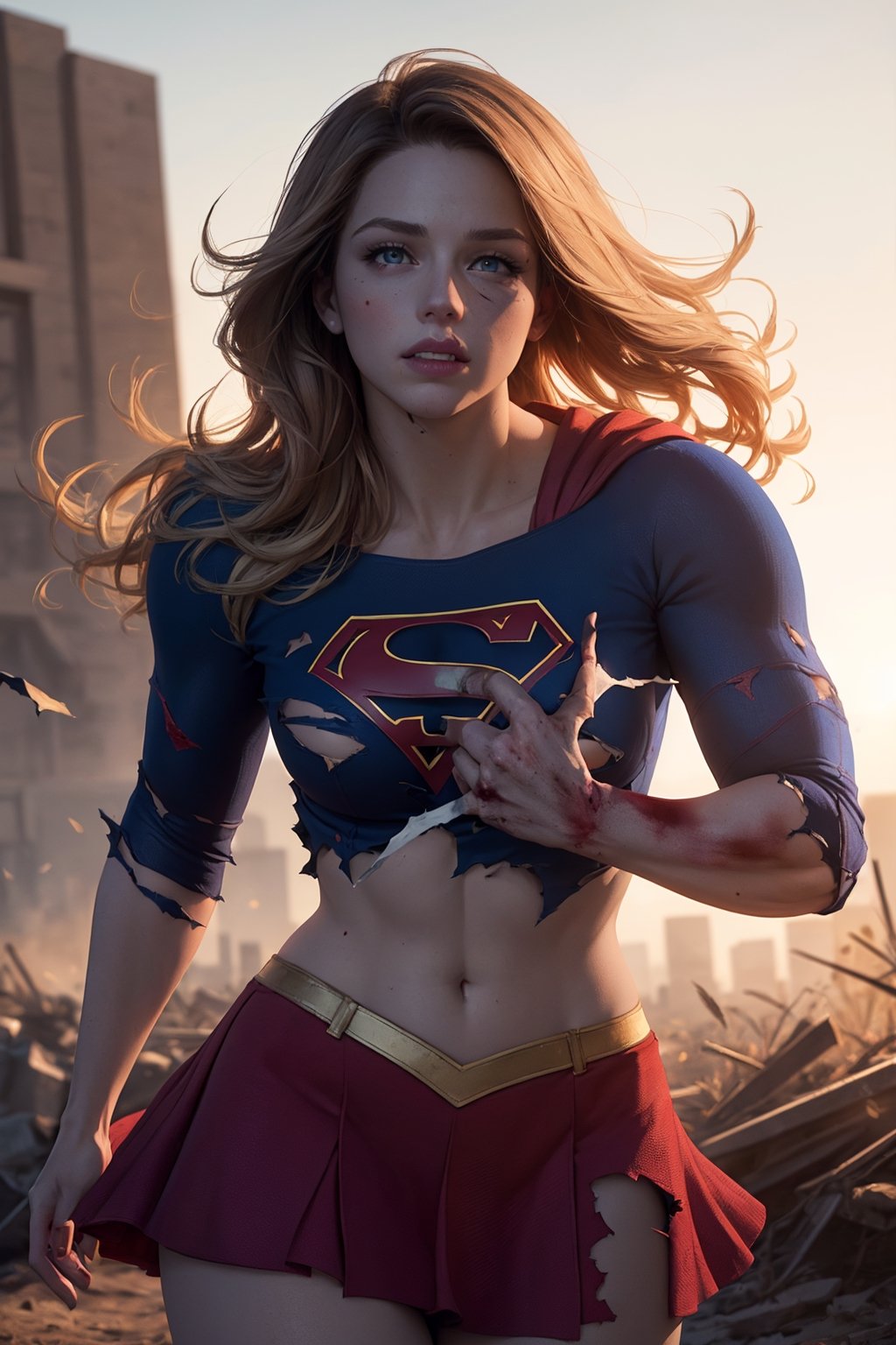 8k, best quality, real picture, intricate details, ultra-detailed, ultra highres, depth field,(photorealistic,realistic:1.2),masterpiece,photo of  european girl, supergirl, (bruise, dirty, torn clothes, revealing clothes, blood:1.3), blue eyes, blonde hair, long hair, ripped cape, ripped pantyhose, superhero, solo, sun, blue sky,best quality, realistic, photorealistic, (intricate details:1.2), (delicate detailed), (cinematic light), clear line, sharp focus, realistic face, detailed face,unity 8k wallpaper, ultra high res, (photorealistic:1.4), looking at viewer  lora:Supergirl:1