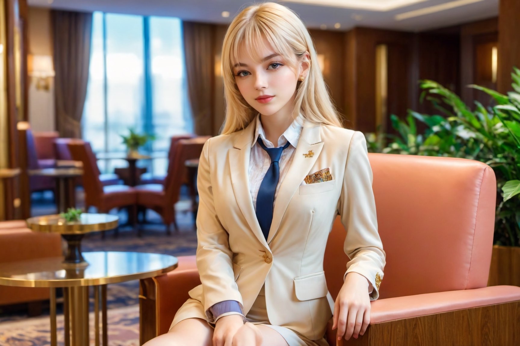 exposure blend ,hdr, high vibrance, low saturation, hyperdetailed, Masterpiece, 32k, 
(1girl with beautiful face, mature, jewish, long light blonde hair, asymmetrical bangs, proportional body, full lips, natural skin, natural smile, moist, blush wearing ornate blazer and collared shirt and pencil skirt) sitting at comfort chair, crossing legs, at hotel lobby, ultra realistic, ultrasharp, soft light.