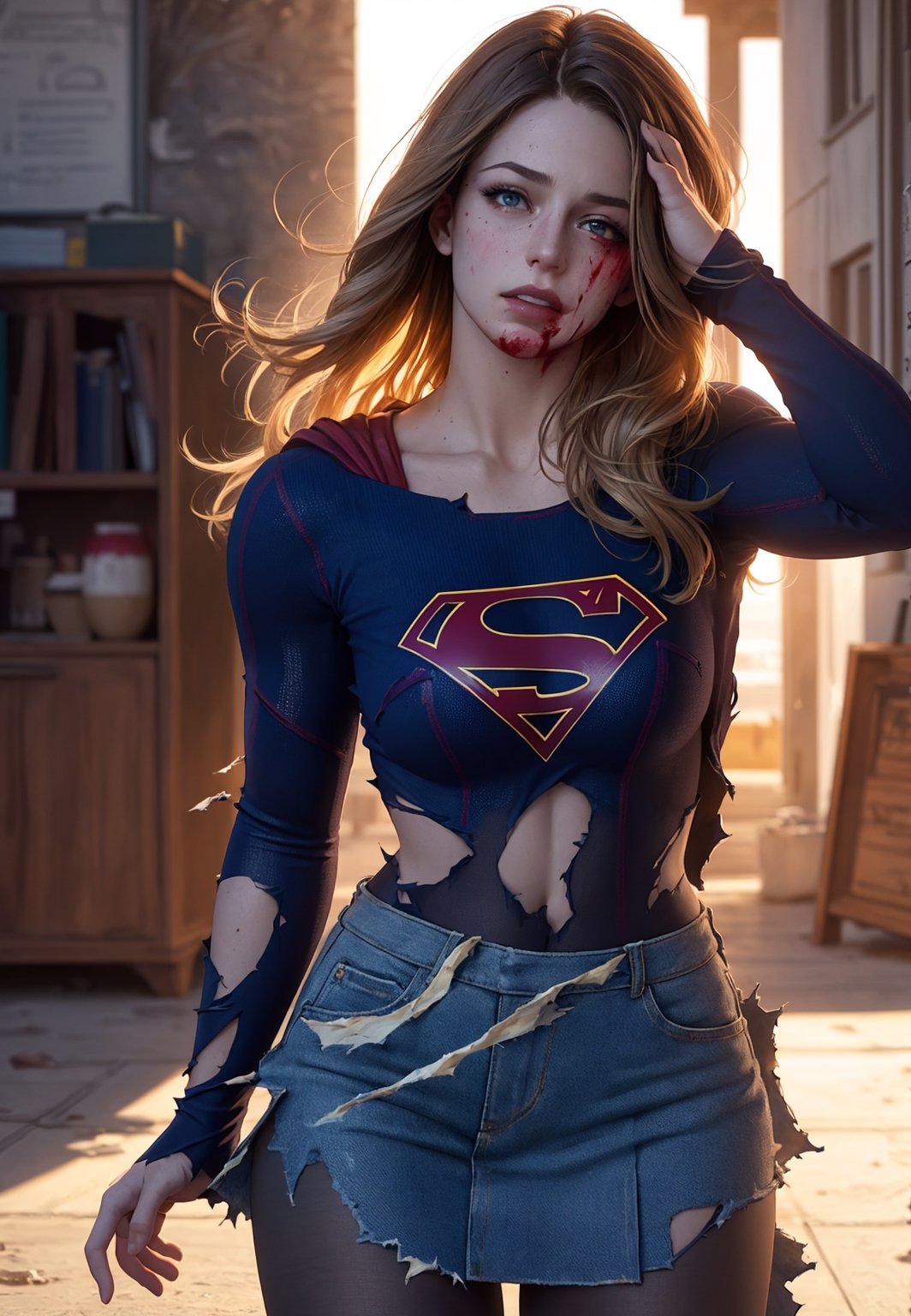 8k, best quality, real picture, intricate details, ultra-detailed, ultra highres, depth field,(photorealistic,realistic:1.2),masterpiece,photo of  european girl, supergirl, (bruise, dirty, torn clothes, revealing clothes, blood:1.3), blue eyes, blonde hair, long hair, ripped cape, ripped pantyhose, superhero, solo, sun, blue sky,best quality, realistic, photorealistic, (intricate details:1.2), (delicate detailed), (cinematic light), clear line, sharp focus, realistic face, detailed face,unity 8k wallpaper, ultra high res, (photorealistic:1.4), looking at viewer  lora:Supergirl:1