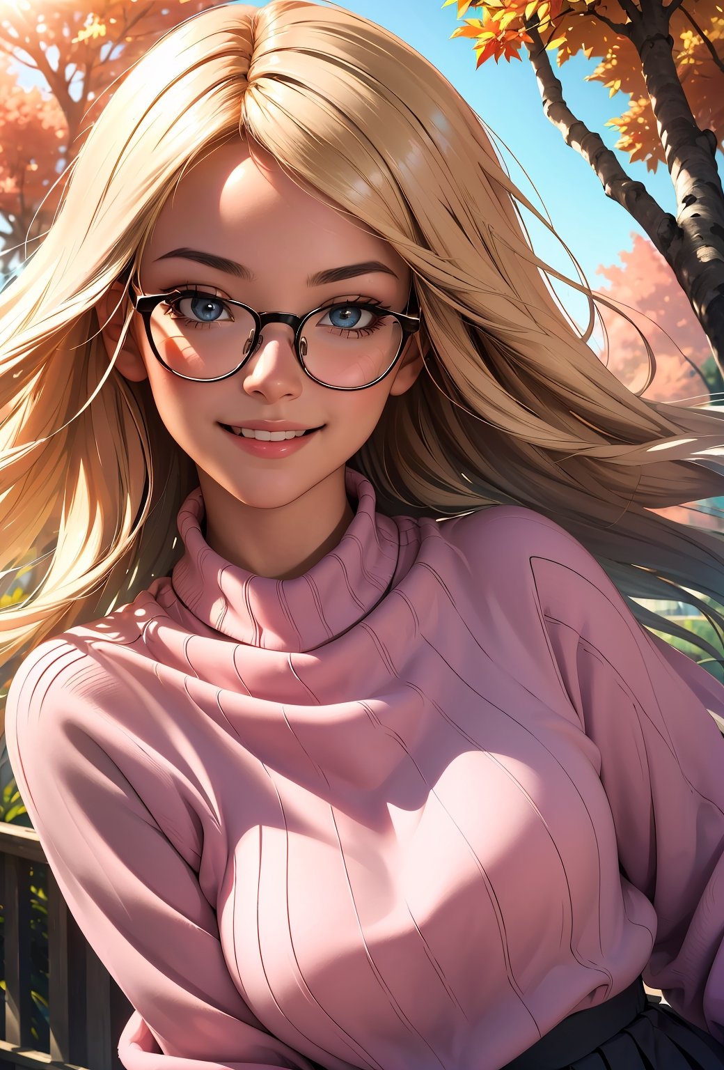 (best quality, masterpiece, perfect face, beautiful and aesthetic:1.2, colorful, dynamic angle, highest detailed face), 1girl, long straight blonde hair, big glasses, black rimmed glasses, happy smile, (wearing a pink oversized_sweater:1.2), pleated skirt, sunset, fall colors, beautiful trees, nature, flowers, windy, hair flowing in the wind, sun shinning through hair, high contrast, (official art, extreme detailed, highest detailed, natural skin texture, hyperrealism, soft light, sharp, perfect face)
