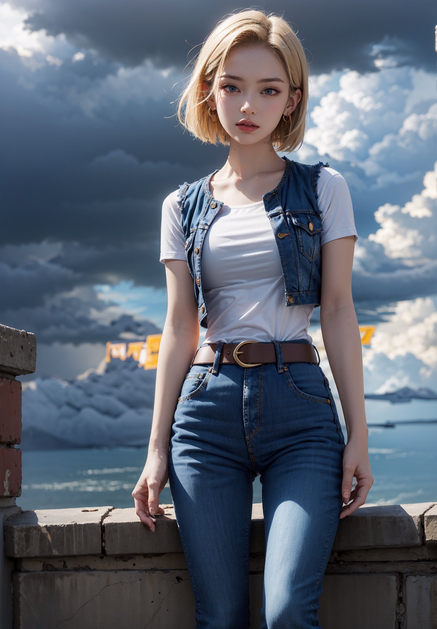 (masterpiece, best quality), android18, earrings, denim, belt, short jeans, lora:android_18:1, outdoor, day, thunderstorm in background, cloud, android18