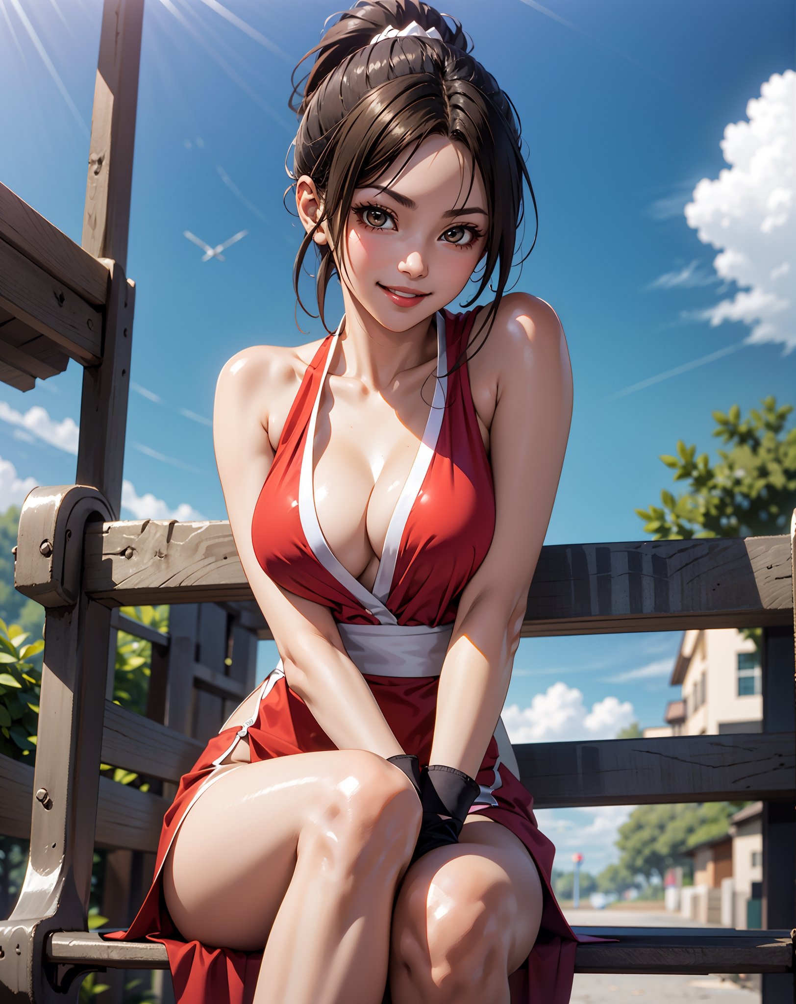 sfchunli, looking at viewer, smiling, cute pose, 
sitting, on bench, crossing legs, from_below, outside, blue sky, extreme detail, masterpiece, beautiful quality, brown eyes