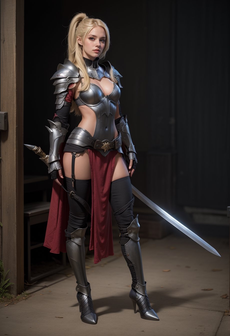 1girl, solo, realistic, looking at viewer, black_knight, full body , armor, long blonde hair, lora:Adventurers_v20:0.7
